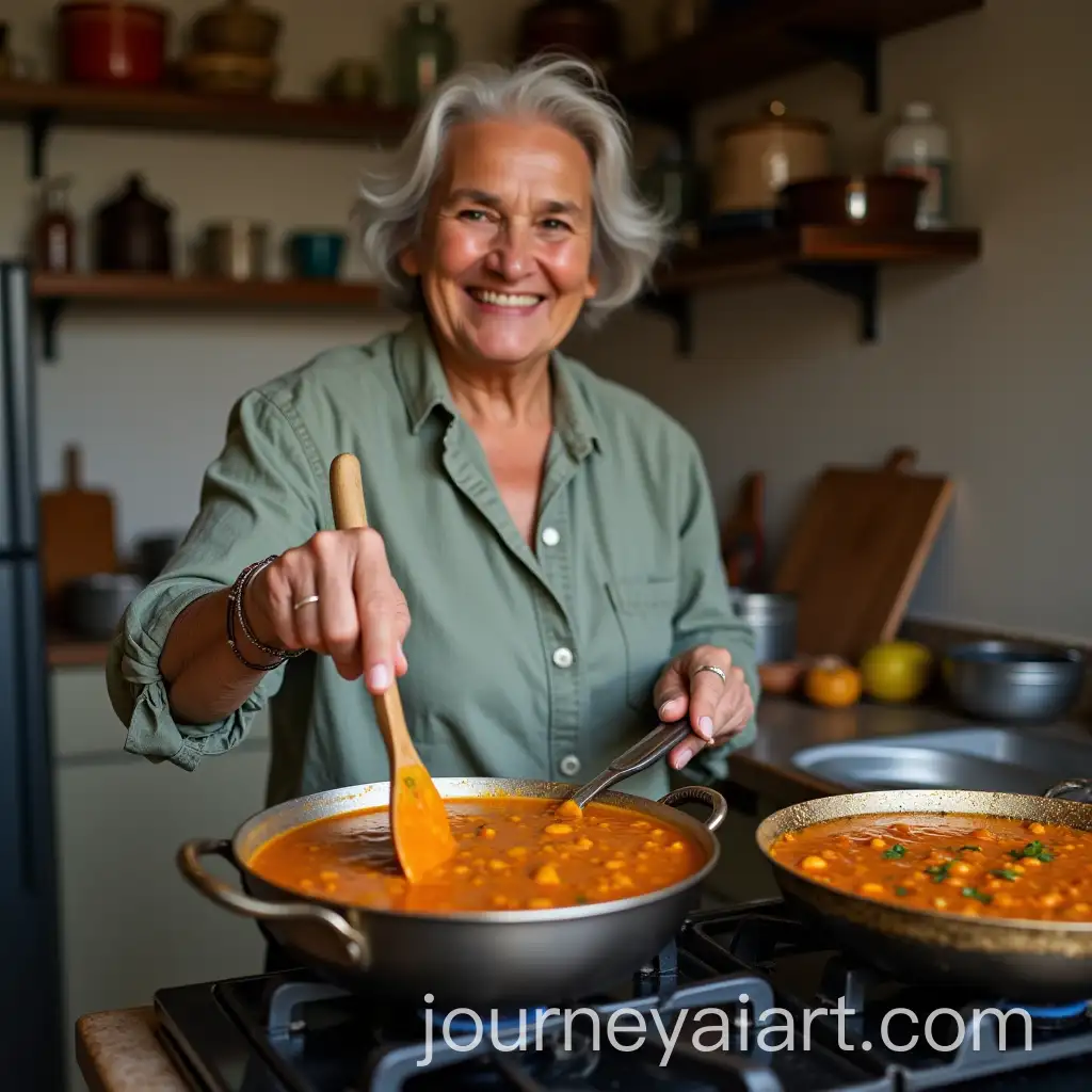 CloseUp-of-Smiling-Indian-Woman-Stirring-Orange-Curry-in-Home-Kitchen