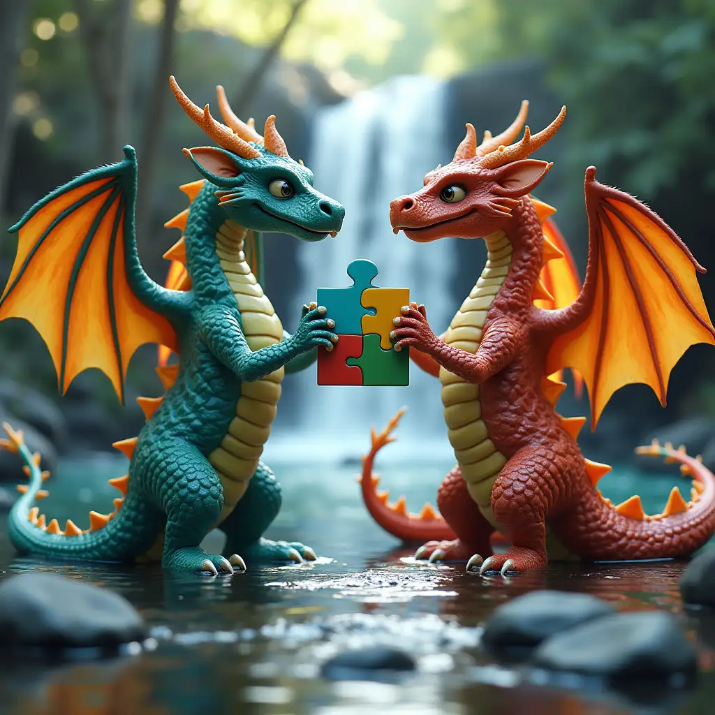 Dragons holding an autistic puzzle piece, near a waterfall
