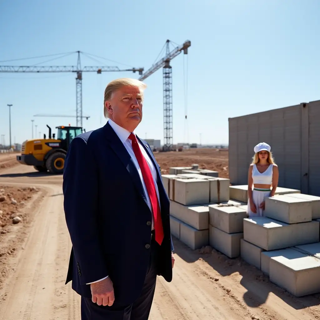 A confident Donald Trump stands on a bustling construction site, clad in a navy suit, red tie, standing next to a Russian women's choir,  dressed in national Russian dress , overseeing the ambitious border wall project. In the background, heavy machinery like cranes and forklifts operate under a bright blue sky, with workers moving about diligently. Surrounding him, stacks of concrete blocks and steel beams illustrate the monumental scope of the undertaking, emphasizing his role in this significant endeavor.