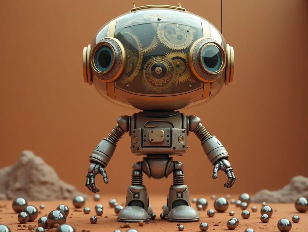 Create a high-resolution, realistic image of the artificial intelligence Robert, three meters tall, with eyes, arms and legs, with gears on the cheeks and glass head with visible golden brain, screws with many glass balls on the floor, Mars 4k resolution with  