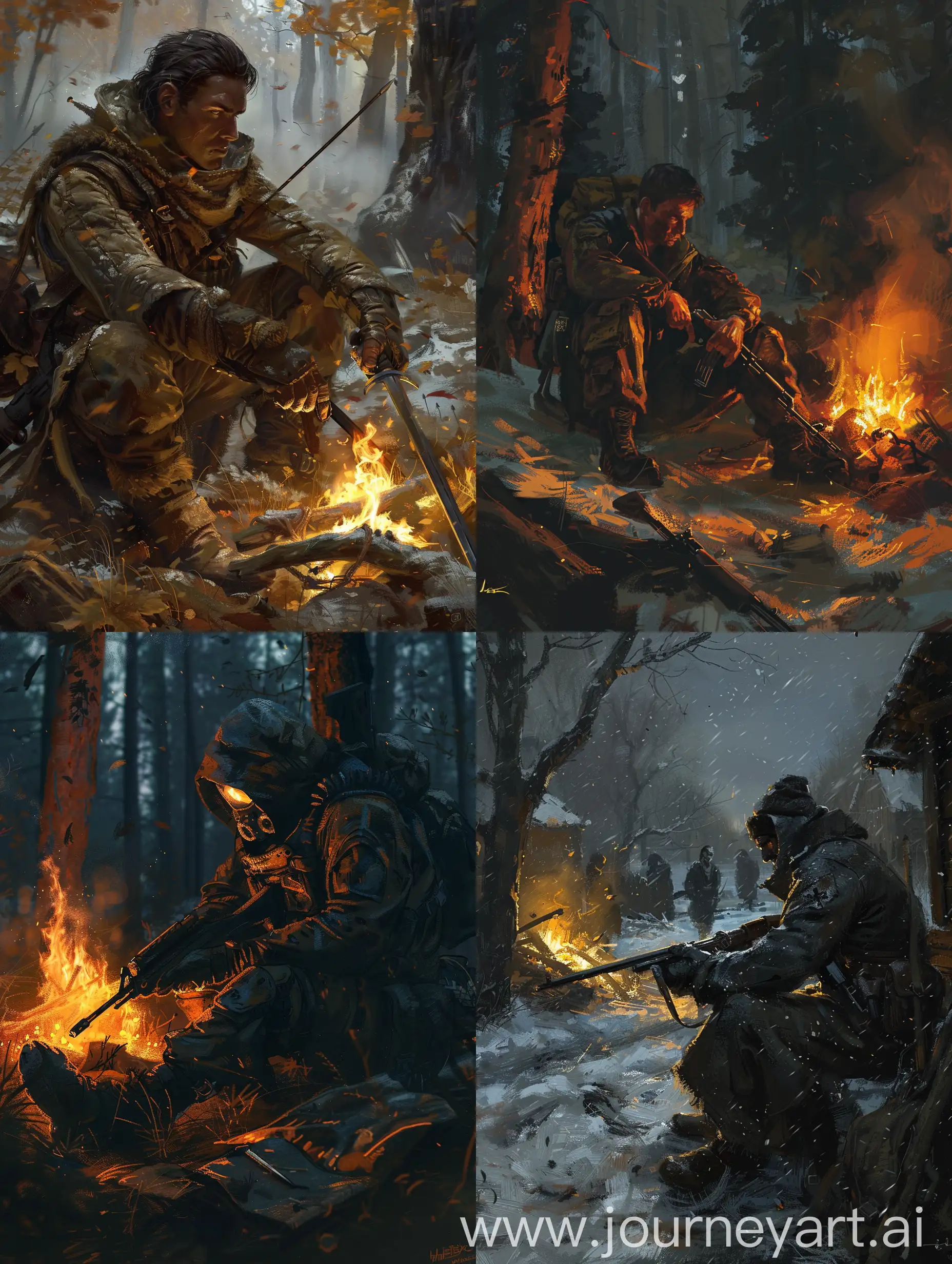 CWV-Fighter-Inspecting-Weapon-at-Campfire