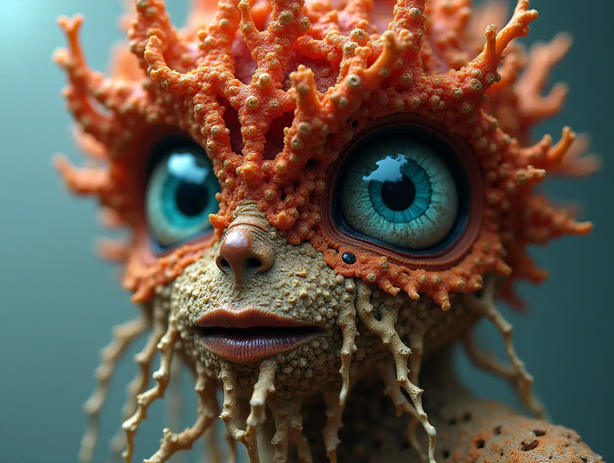Face with blue Fly AgaricnRoots turned into building
