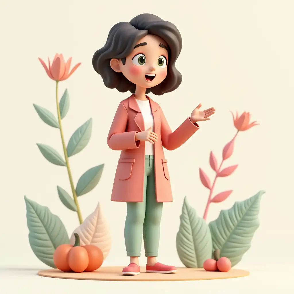 Create a 3D character representing a specialization in medical psychology. It should have a friendly, professional look with bright colors and simple backgrounds. The character should be unique and reflect the role of the gestalt therapist Lady Harmony: a gestalt therapist standing, gesturing as if explaining. Background: natural elements and pastel abstract shapes.