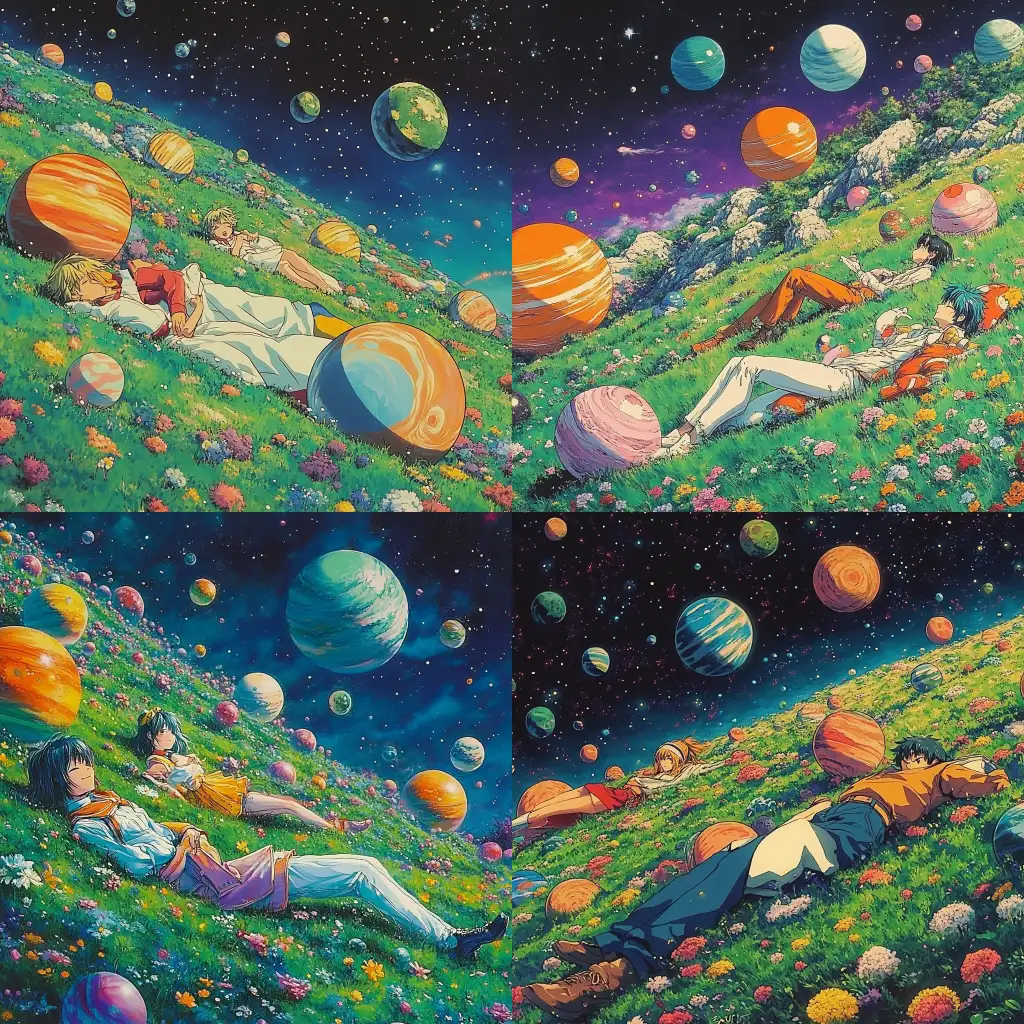 1990s-Anime-Style-Characters-Relaxing-in-a-Cosmic-Field-of-Planets