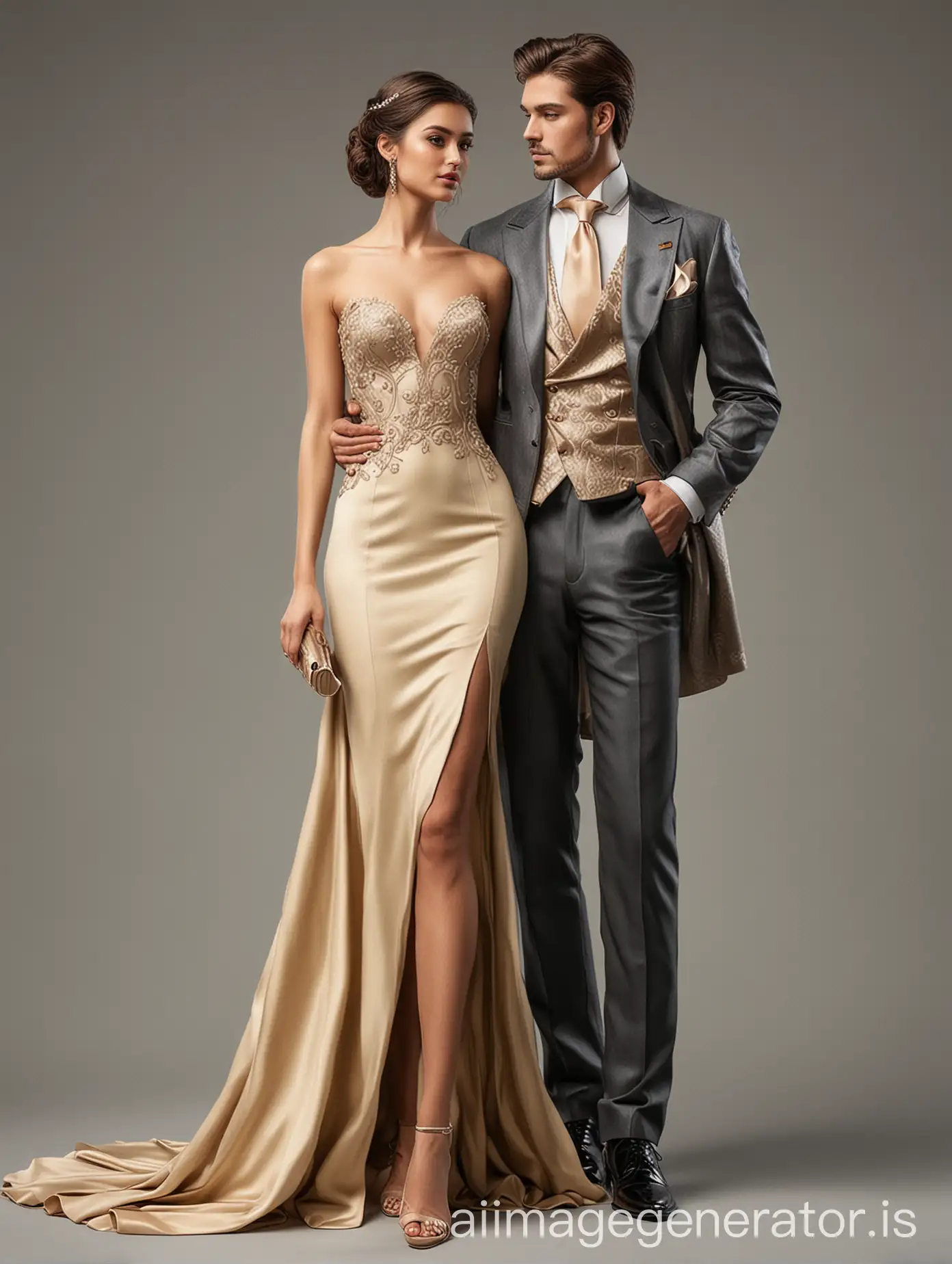 Luxury couple. Full body. Background color #6f5742