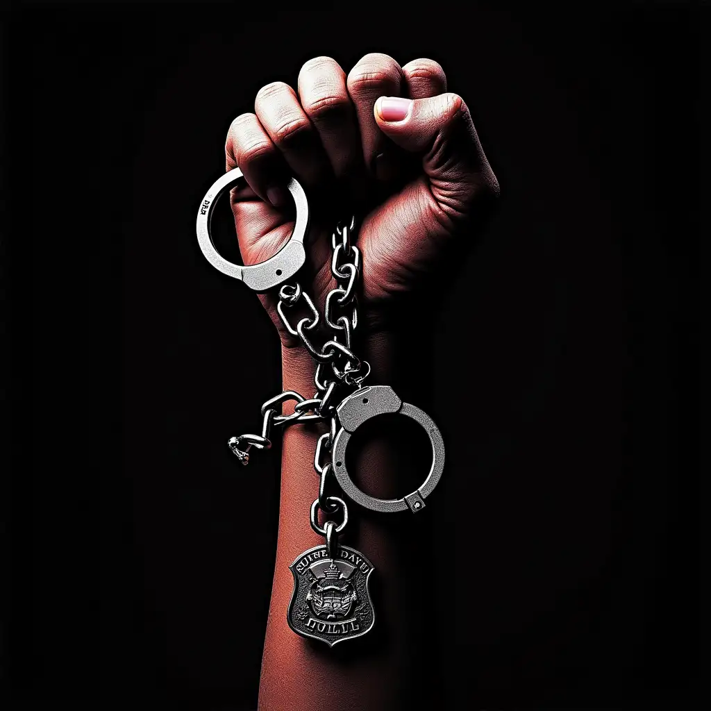 The photo features a bold, graphic image of a raised fist, often a symbol of solidarity and resistance, set against a stark black or dark-colored background. In the foreground, a pair of handcuffs, a police badge, and a broken chain, could be draped over the fist, representing the struggle for freedom and justice. The image could incorporate subtle hints of cityscapes, protests, or social unrest in the background, such as blurred images of buildings, crowds, or riot gear. The color palette could be bold and striking, with a focus on black, red, and white, which are often associated with protest and social justice movements. The overall effect should be one of powerful resistance, defiance, and determination, inviting the listener to engage with the song's message and themes.