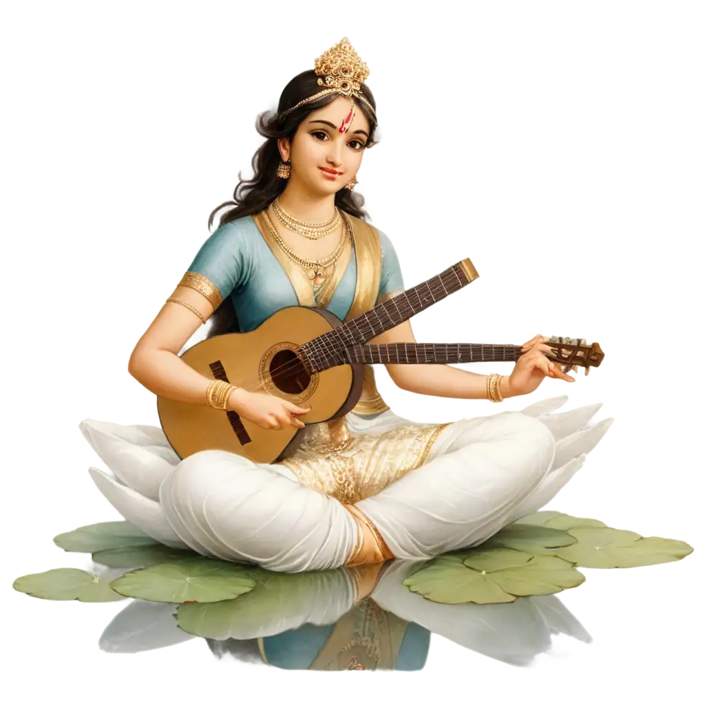 Divine-Goddess-Saraswati-PNG-Image-Serene-and-Peaceful-Veena-Melody-in-Natural-Beauty