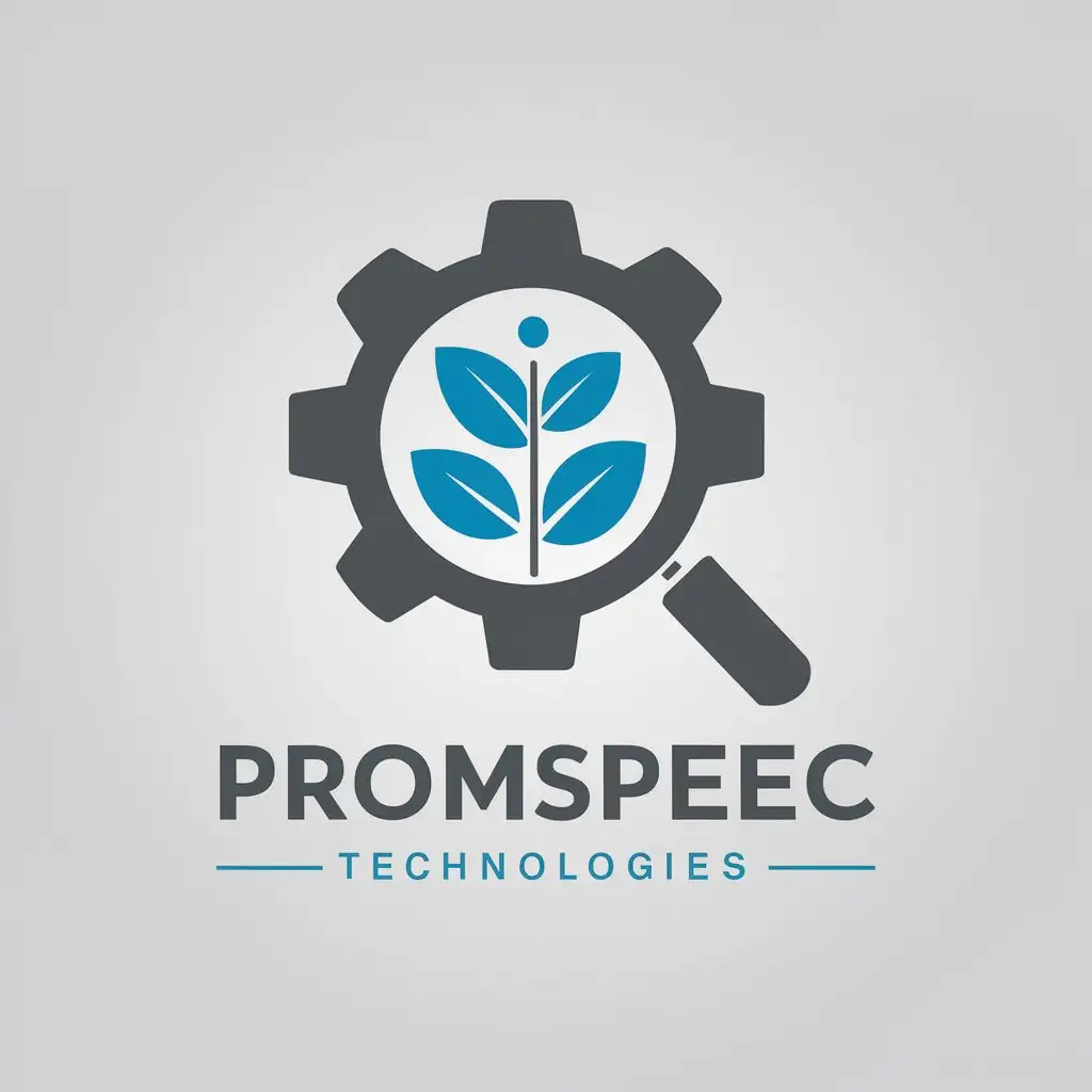 a vector logo design,with the text "PROMSPECtechnologies", main symbol:blue, gray, plant, magnifying glass, gear,Moderate,clear background