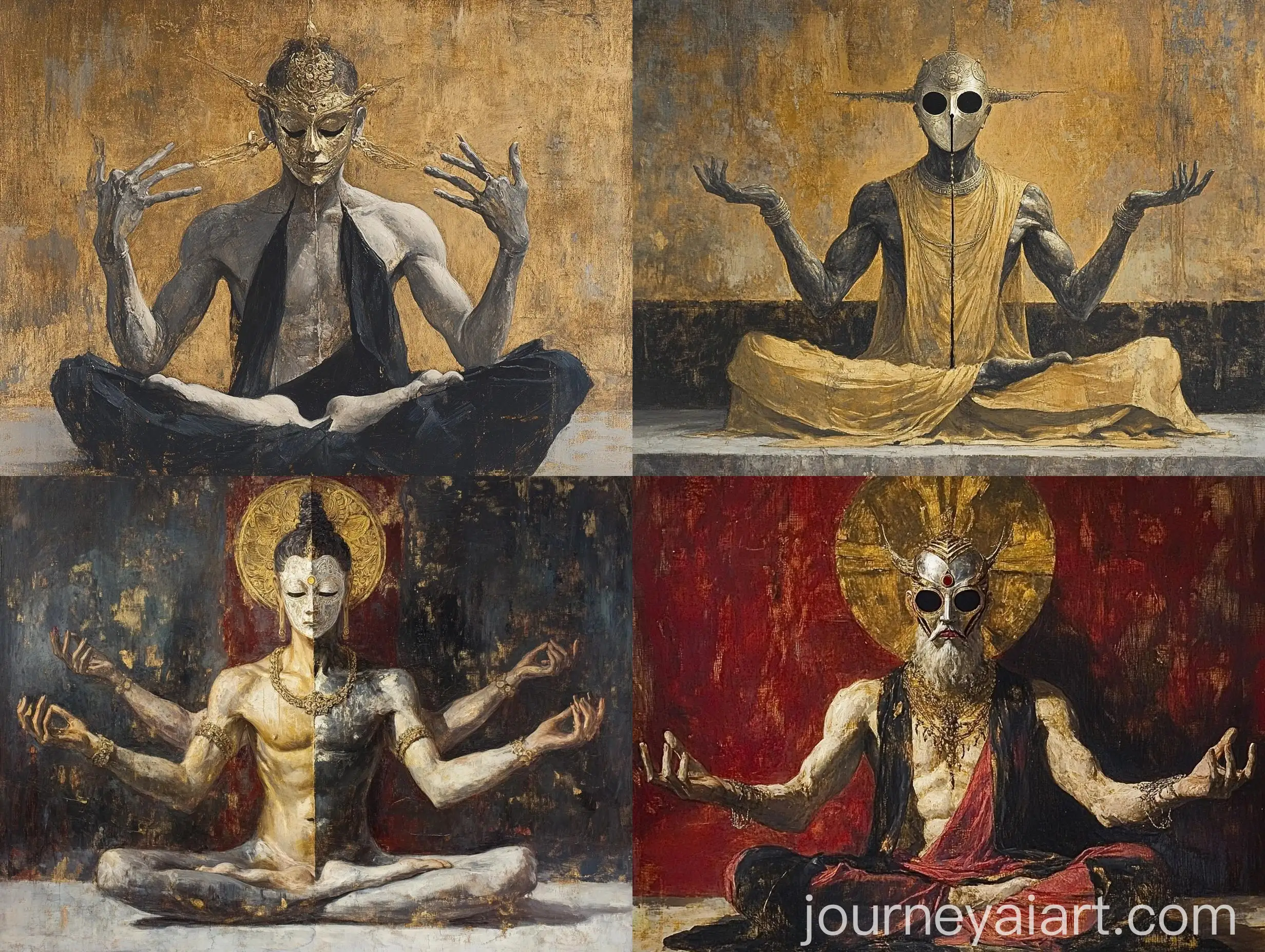 Oil-Painting-of-FourArmed-Fate-God-in-Lotus-Position-with-Divided-Mask-Face