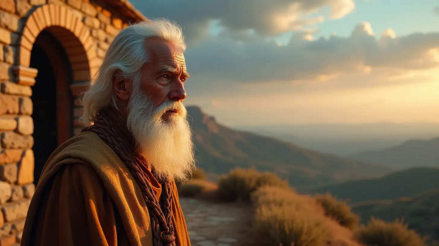 Wise Old Man Outside Stone House with Biblical Era Background