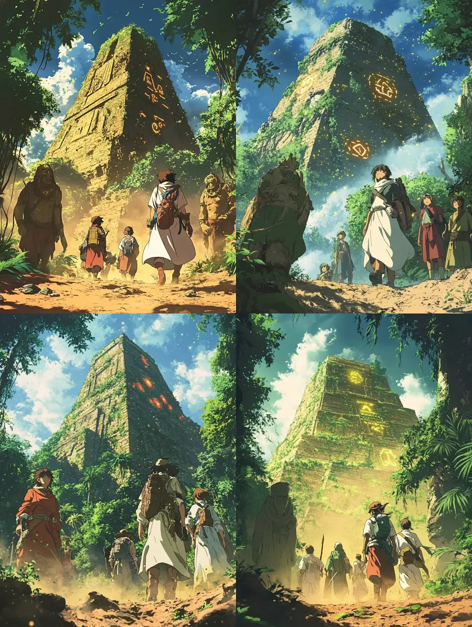 Explorers-Facing-Ancient-Jungle-Pyramid-with-Glowing-Symbols