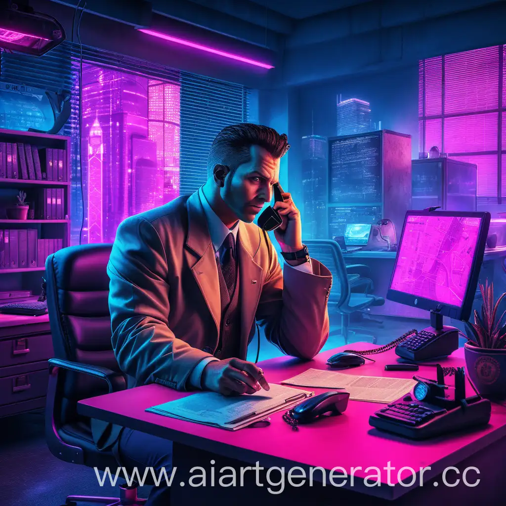 Detective-Talking-on-Phone-in-Cyberpunk-Office-Scene