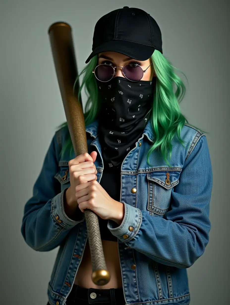 a woman with green hair, in a black cap and aviator glasses, with a black bandana covering her mouth, in a blue denim jacket with a metal bat in her hands, full length