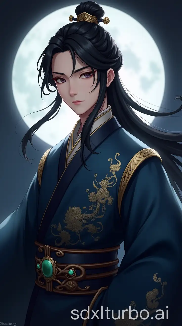 Portrait-of-Shen-Guhong-in-Exquisite-Blue-Hanfu-Under-Moonlight