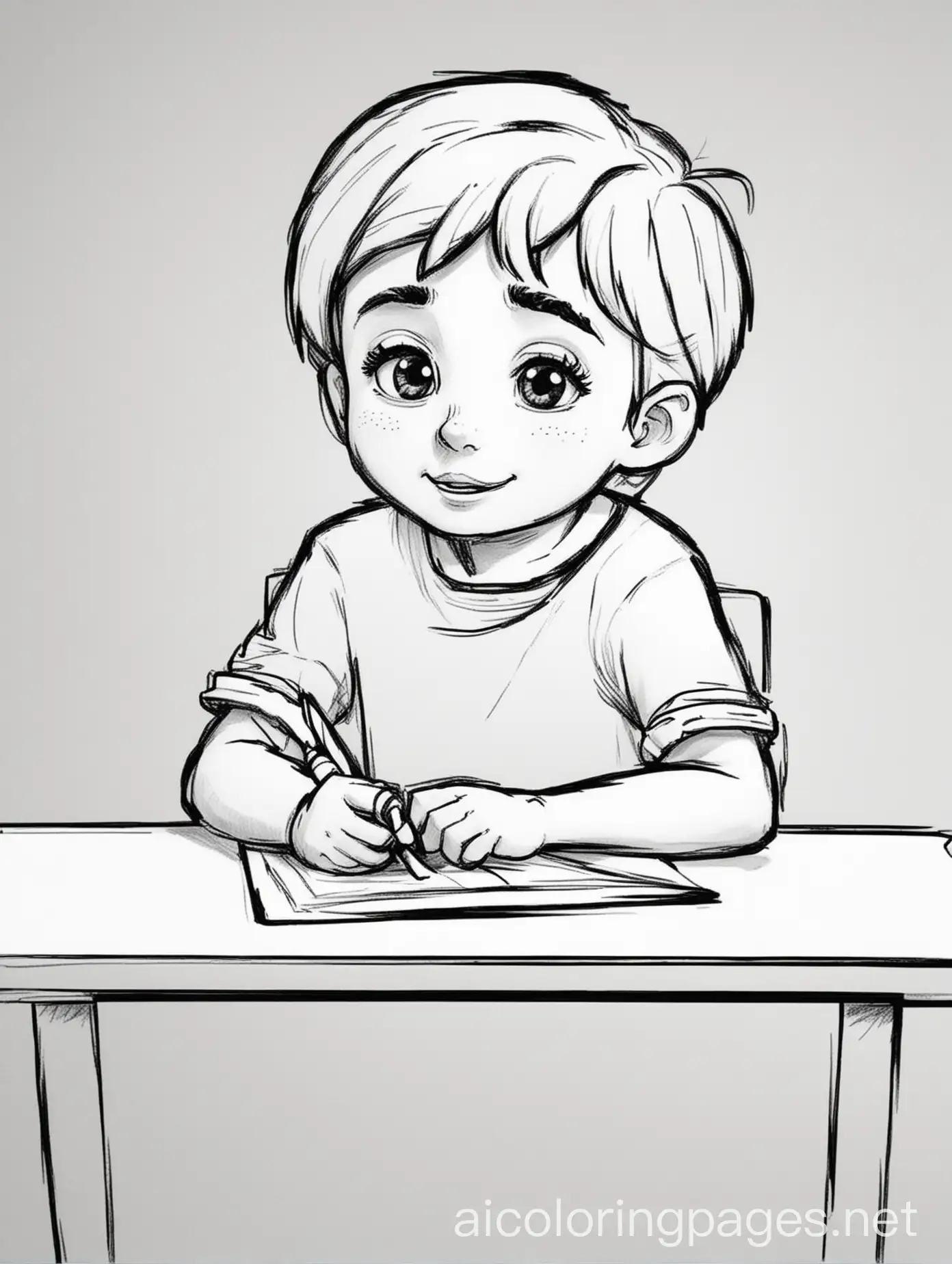 Young cartoon Boy sitting behind his desk Coloring , black and white, line art, white background, Simplicity, Ample White Space. The background of the coloring page is plain white to make it easy for young children to color within the lines. The outlines of all the subjects are easy to distinguish, making it simple for kids to color without too much difficulty, Coloring Page, black and white, line art, white background, Simplicity, Ample White Space. The background of the coloring page is plain white to make it easy for young children to color within the lines. The outlines of all the subjects are easy to distinguish, making it simple for kids to color without too much difficulty, Coloring Page, black and white, line art, white background, Simplicity, Ample White Space. The background of the coloring page is plain white to make it easy for young children to color within the lines. The outlines of all the subjects are easy to distinguish, making it simple for kids to color without too much difficulty