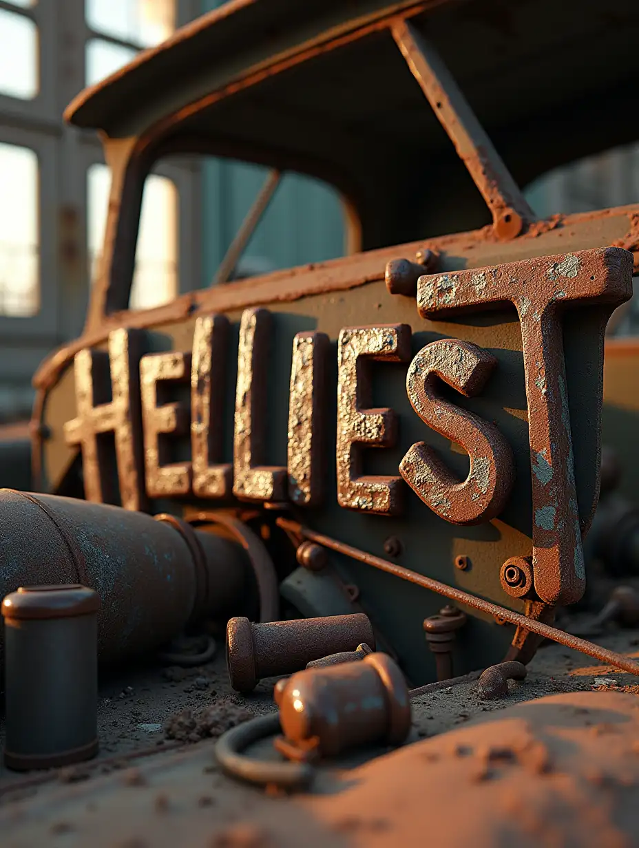 A surreal fusion of typographic art and industrial decay. In the foreground, the words 'HELLIEST' emerge from the rusty framework of an old car, morphing into a 3D abstract shape. The letters seem to twist and contort, as if alive, amidst the vintage automotive parts. A retro-themed backdrop glows with warm natural light, casting subtle shadows on the distressed metal. The overall effect is a mesmerizing blend of modern typography and nostalgic industrial remnants.