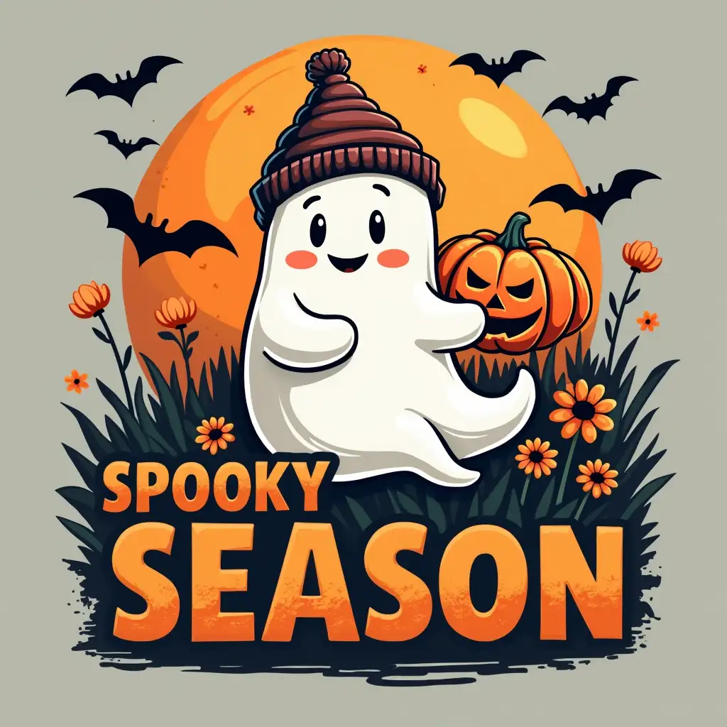 Create a Halloween-themed graphic featuring a friendly ghost wearing a beanie and holding a pumpkin. The ghost should be surrounded by bats, flowers, and a spooky orange moon. The text 'SPOOKY SEASON' should be prominently displayed in bold, orange letters, with a distressed, worn look. The overall style should be playful and slightly spooky, with a touch of cuteness.