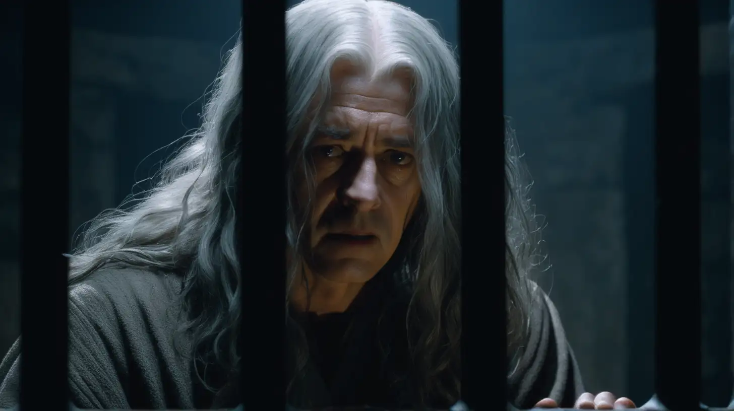 Biblical Era Man with Long Grey Hair Behind Bars in Darkness