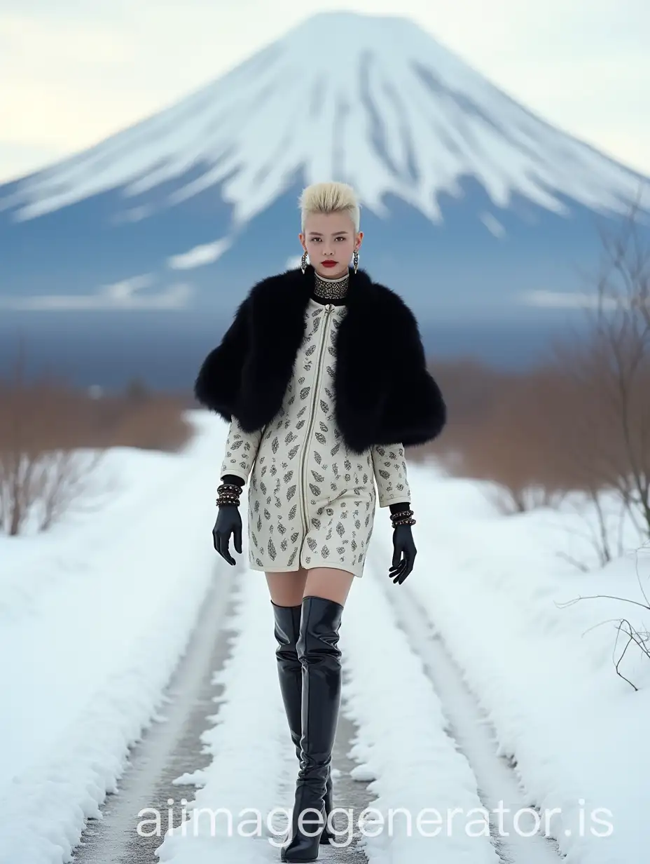 Blond-Japanese-Model-in-Fashionable-Dandy-Style-on-Snowy-Path-with-Mount-Fuji-Backdrop