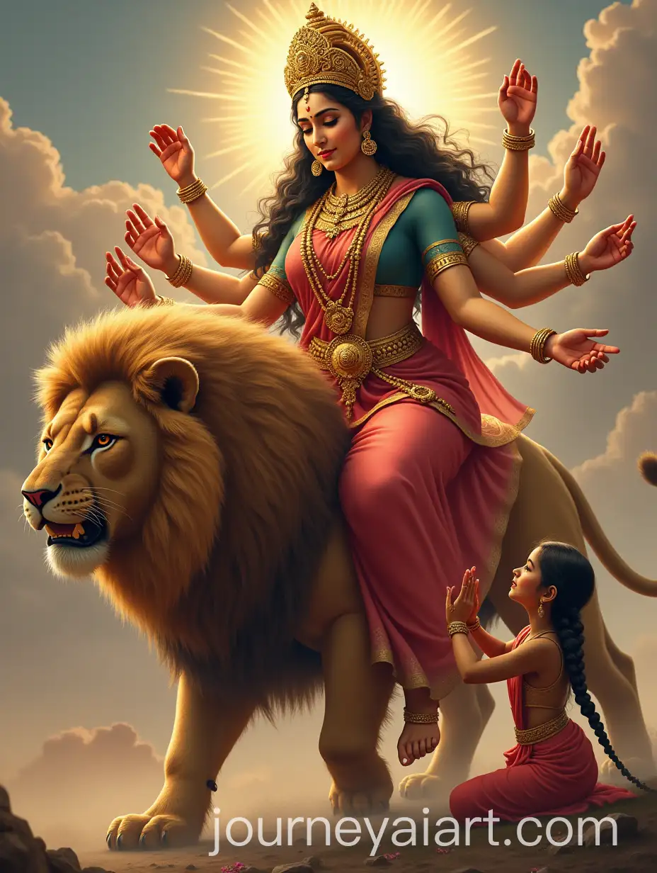 Goddess-Durga-with-Ten-Arms-Riding-a-Lion-with-Girl-Praying