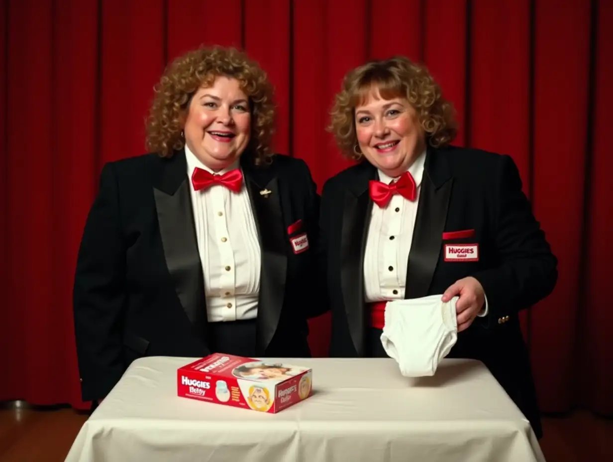 Two-Older-Women-in-Formal-Orchestra-Tuxedos-Holding-Huggies-Diaper-on-Stage