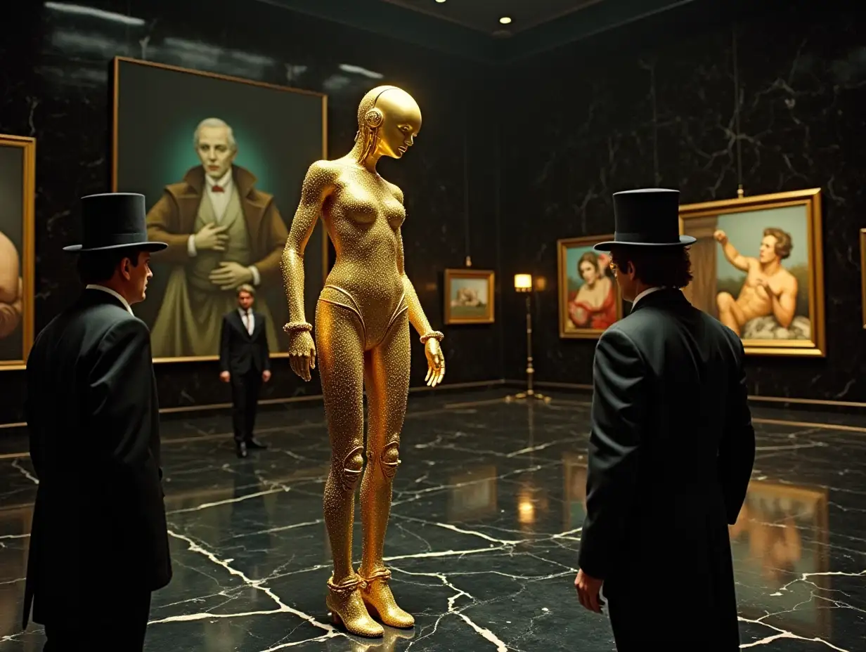 realistic image of an elongated sparkling gold biomechanical machine with HR Giger style human female head and limbs, two men in top hats with characteristic features, in a huge black marble room with several strange paintings, people in the background shot, futuristic fantasy cinema of the 1960s, super panavision 70, dark retro colors