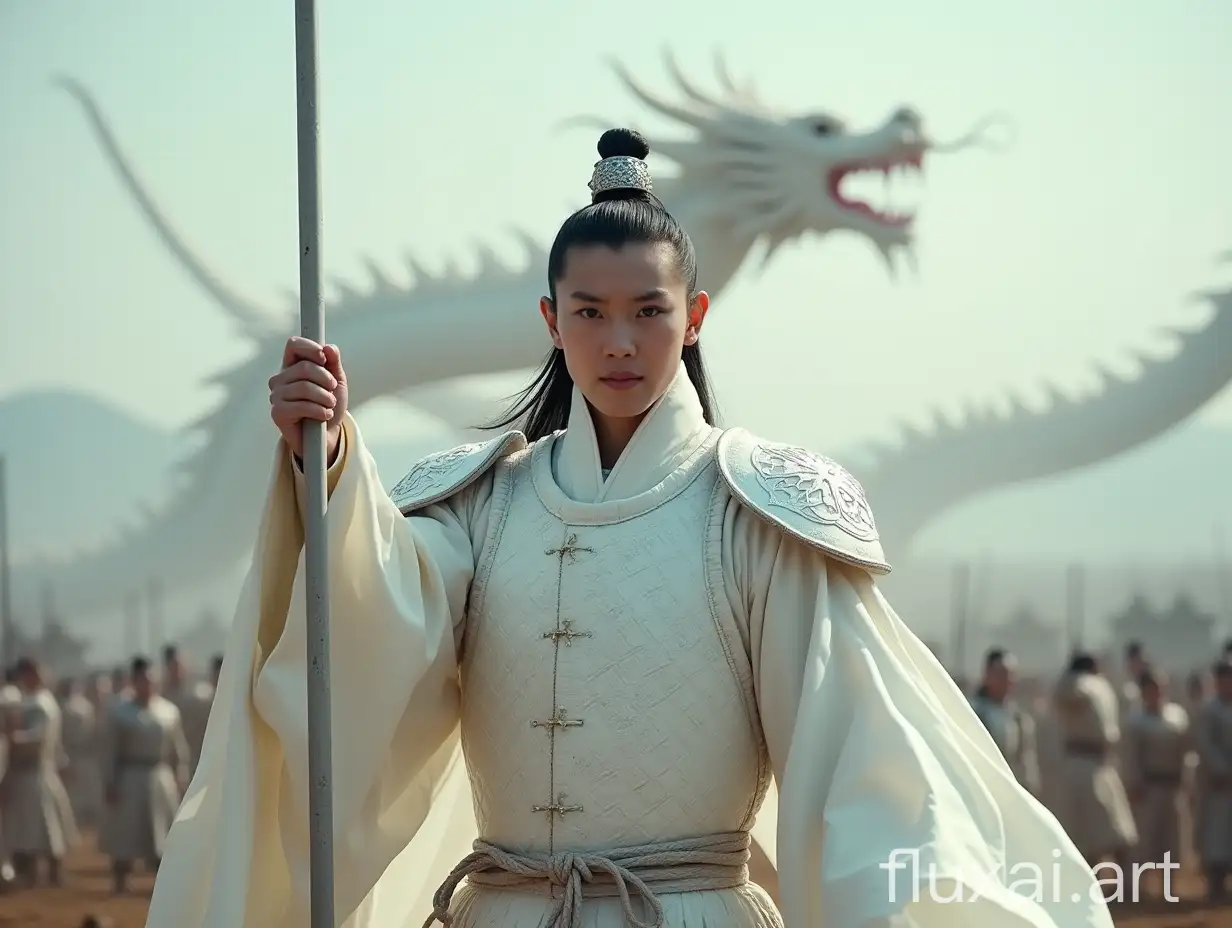 A Chinese general dressed in white armor stands on the battlefield, holding a white silver spear in his hand, fighting with action. The armor has a Chinese dragon pattern on it, and behind him there is also a Chinese white dragon flying. The background is an ancient Chinese battlefield, and the character faces the camera. The film light, panoramic shot, is very handsome. The composition is solemn and solemn, very realistic.