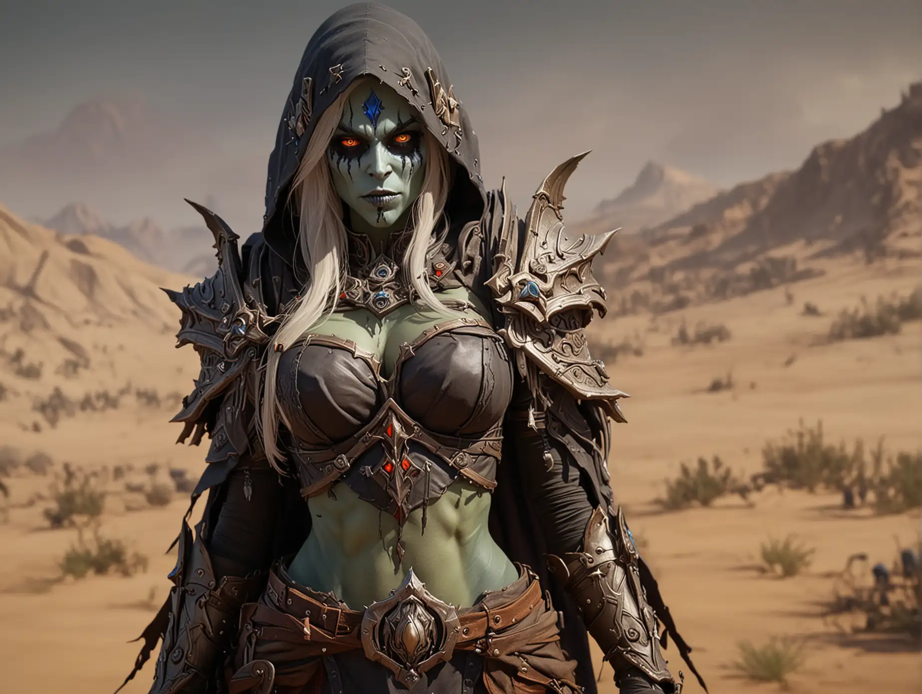 Sylvanas-Windrunner-in-Fiery-Desert-Battling-Orc-Corruption