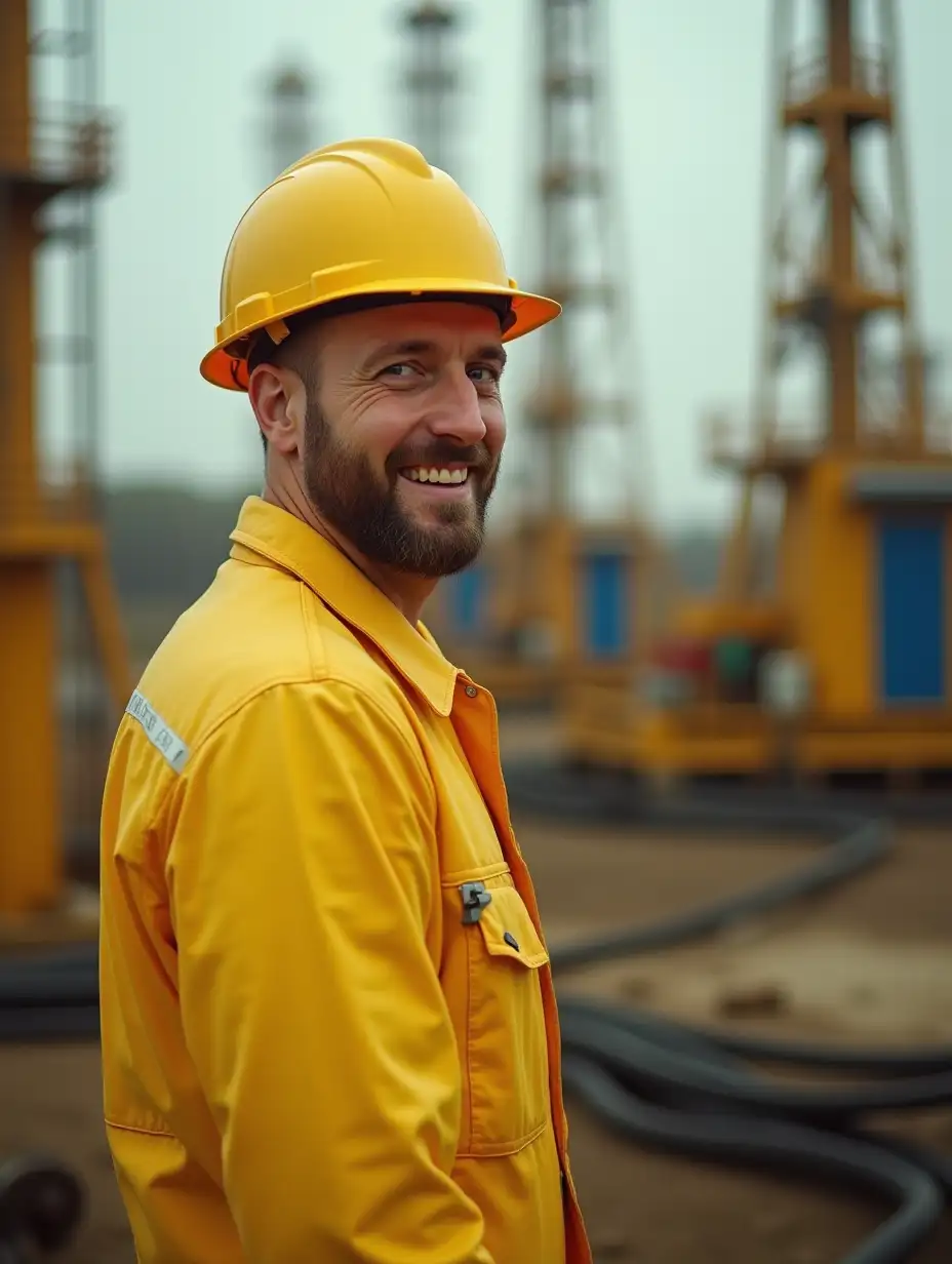 A cinematic random shot, an asymmetric composition with a shifted point of focus, a yellow color palette with white accents, a background with oil rigs and factory equipment, in the foreground, an oilman in full height, with a short beard and wearing a yellow construction helmet and a clean yellow jumpsuit, Slavic appearance 30 years old, standing in a half-turn. and he looks sideways, repairs equipment, smiles, winks with one eye, attention to detail and textures, perspective, shot on an Arriflex 416 camera with an anamorphic lens, stylization in 35mm film format, high definition --stylize 200