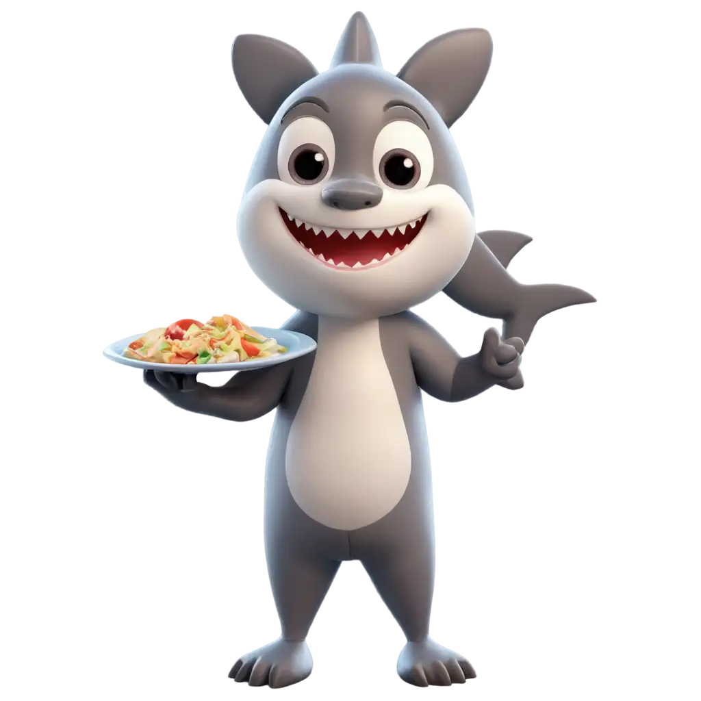 Animated-Shark-Smiling-Holding-Sea-Plate-PNG-Image