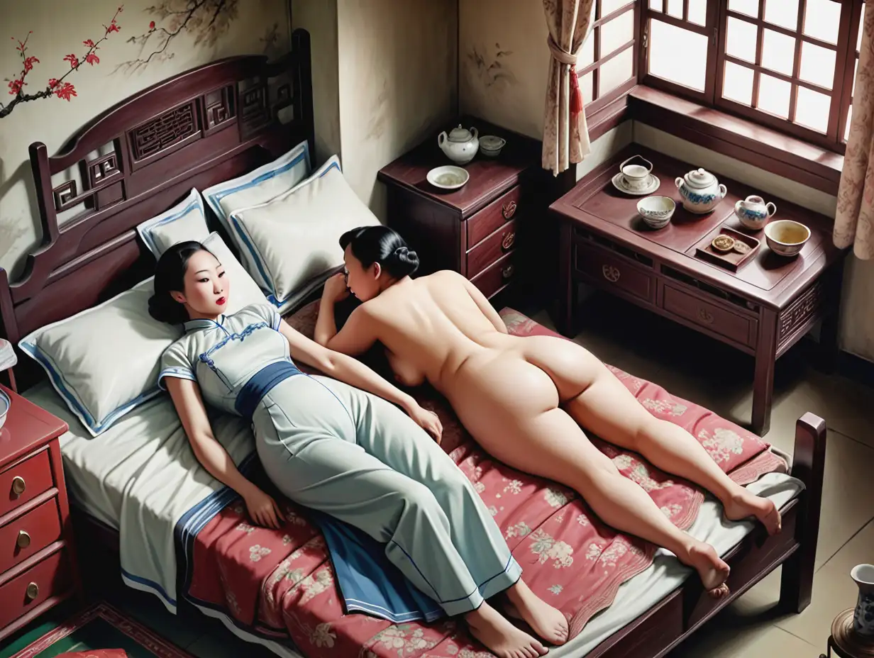 China. Rural area. 1937. Landlord's house. A man is lying on the bed and a woman, his wife, is sitting on the edge of the bed with her body leaning forward. The theme is about the woman being voluptuous and smoking. Digital art. High definition. Bird's eye view. Furniture in Chinese style such as bed, wardrobe, porcelain, table are in the room.