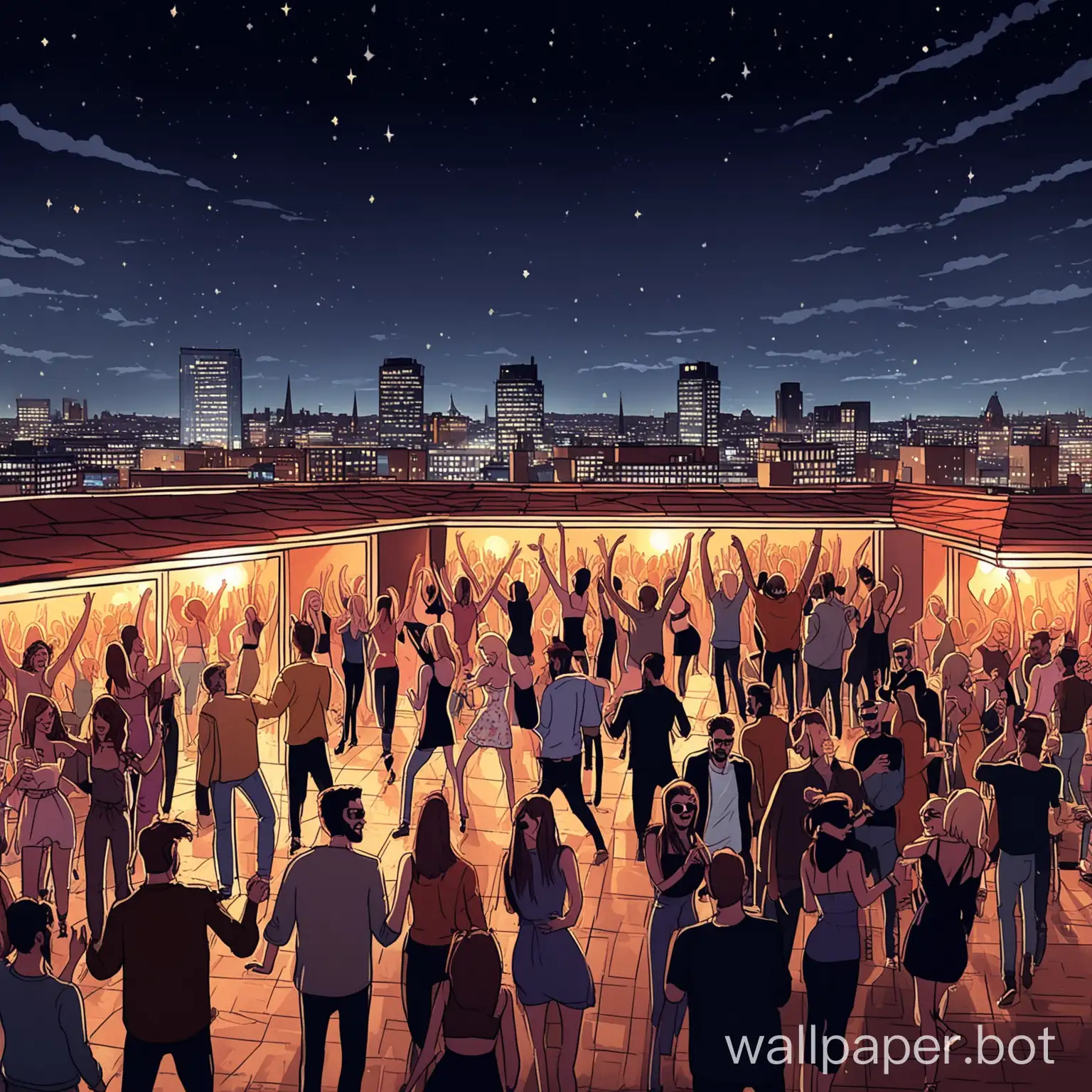 Background image of a roof top busy party in Leeds in the United Kingdom overlooking the Skyline. The vibe should be sexy pepple dancing to cool House Music late at night in casual trendy clothes. It should busy with lots of people dancing - illustration 