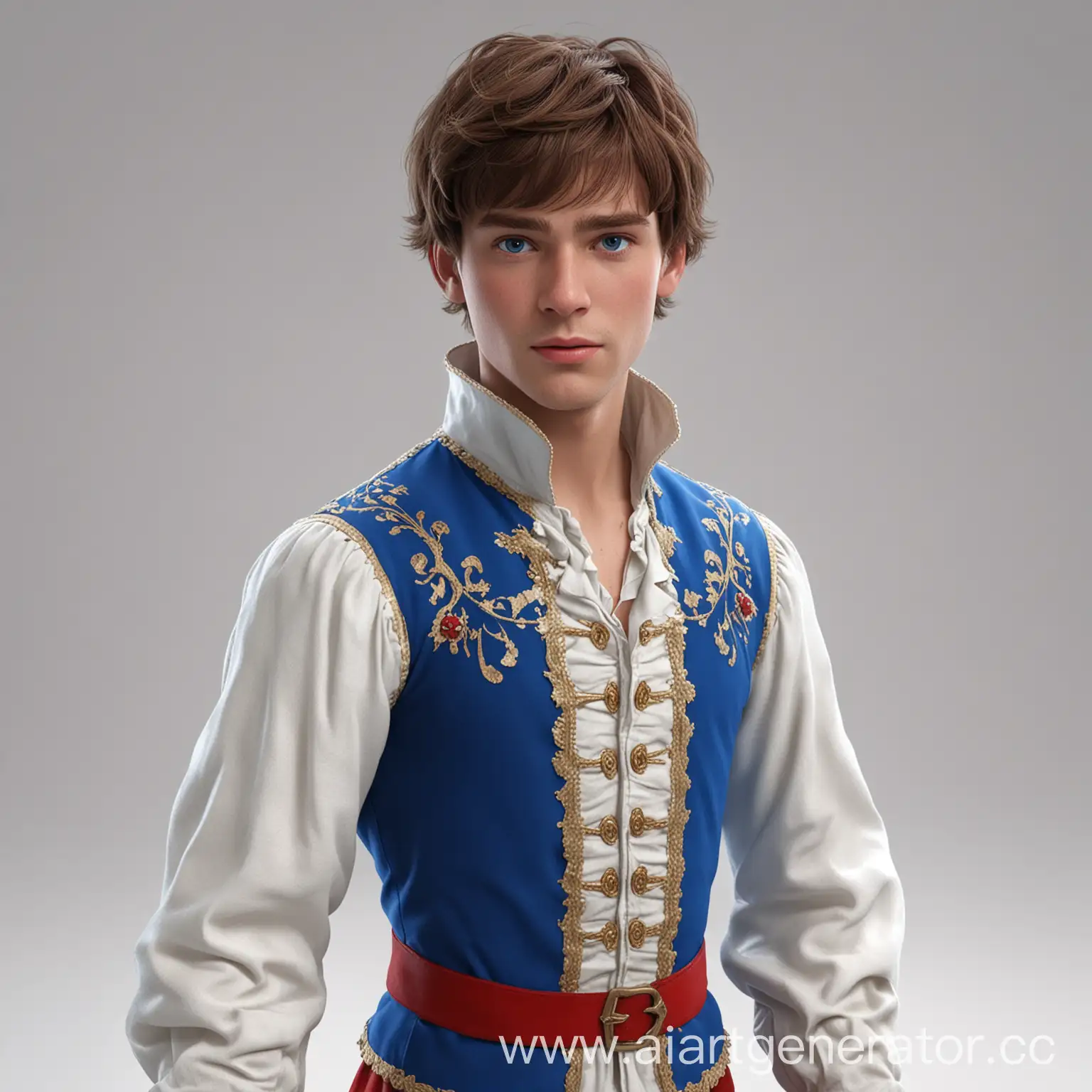 Snow White's Prince, a handsome young man, dressed in a blue, white and red fairytale costume, short brown hair with messy bangs, blue eyes, fair skin, on a white background, full body, Disney 3d cartoon, realistic, detalized, hd, 4k