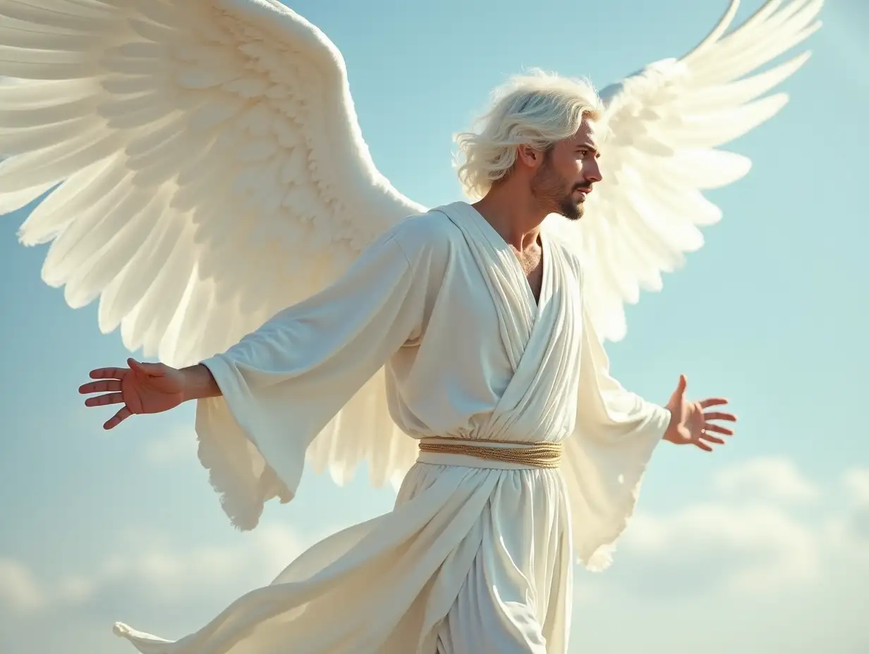 Handsome-Male-Angel-with-White-Wings-and-Robes-Flying-in-the-Sky