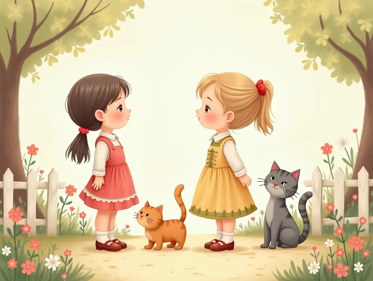 A whimsical and charming illustration in a soft pastel palette, inspired by storybook art, featuring two girls and two cats standing in a cozy outdoor garden with flowers and trees. The children are evenly spaced, not touching, and wearing vintage-style outfits. Each child has distinct features and expressions, with a warm and dreamy atmosphere. The background includes a white picket fence, blooming flowers, and soft lighting, creating a harmonious and serene scene. High-quality illustration with intricate details.