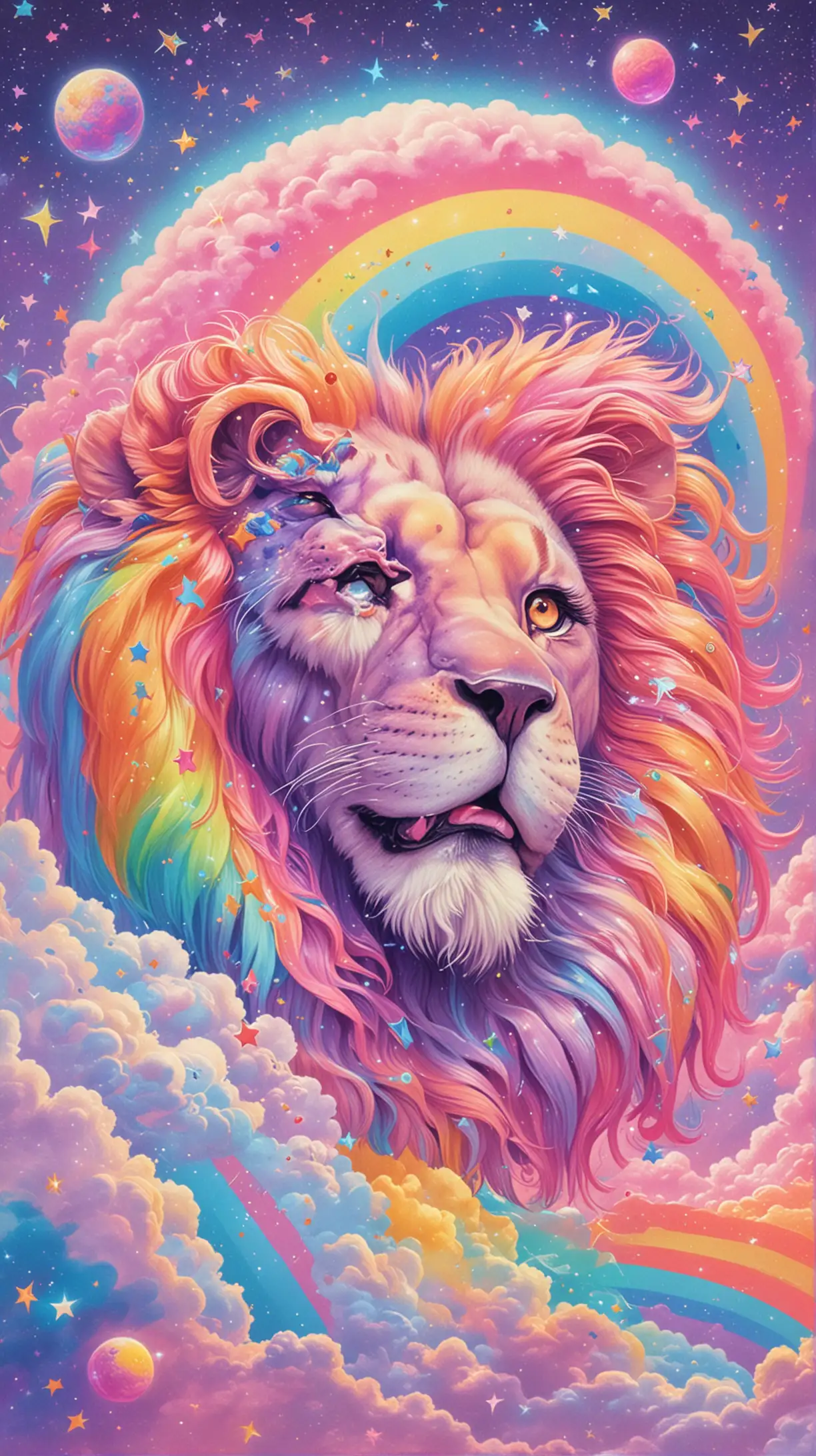 Cheerful Lisa Frank Style Lion in Pastel Rainbow Cosmos Art