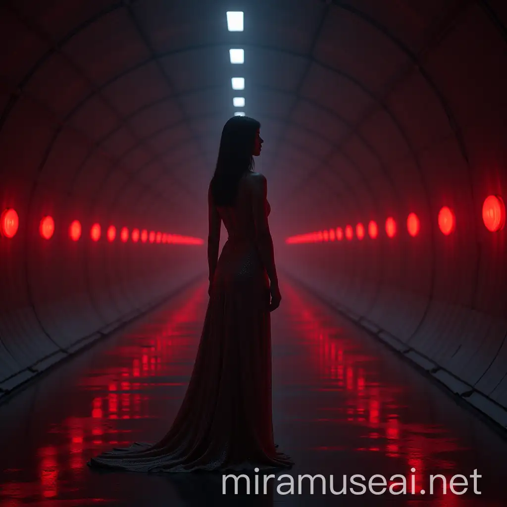 Digital Light Fantasy Woman in Red Dress in Illuminated Tunnel