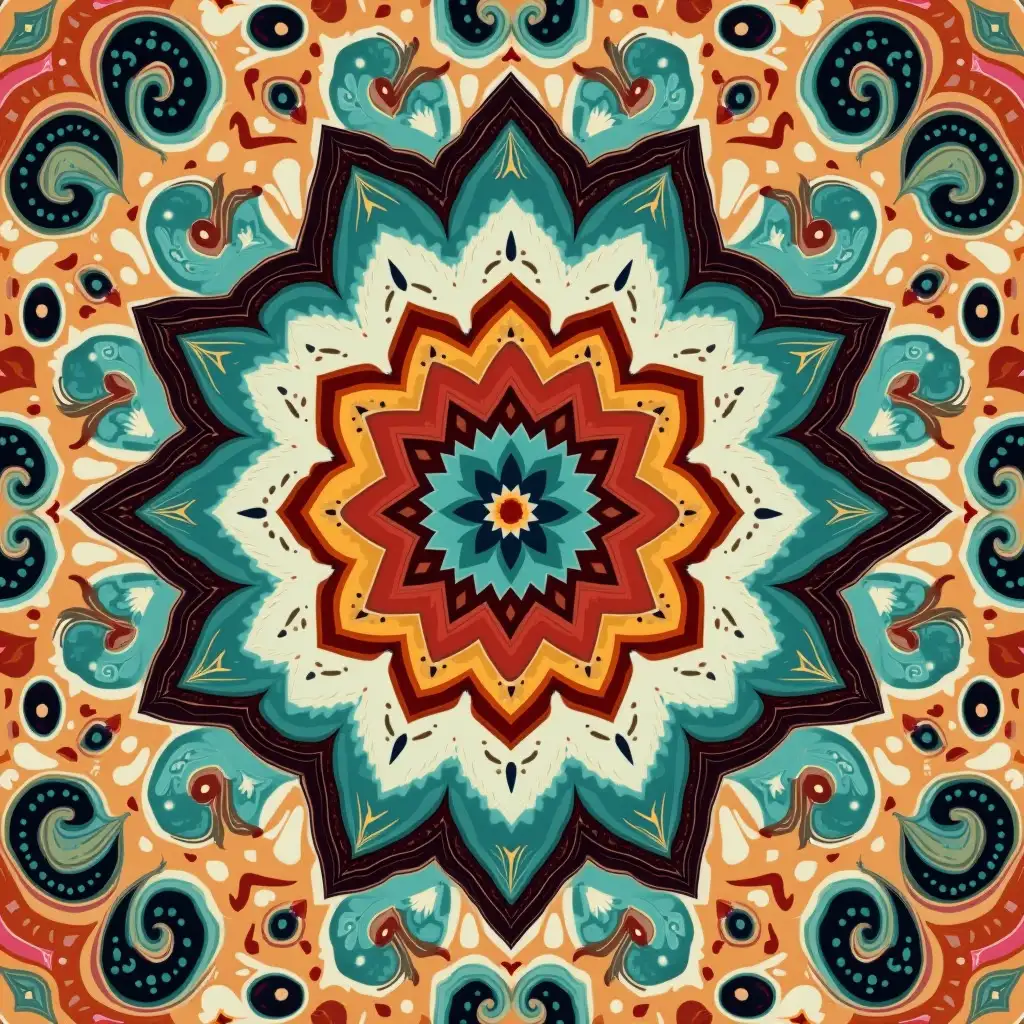 Symmetrical Paisley Mandala with Southwest Patterns in Earthy Tones