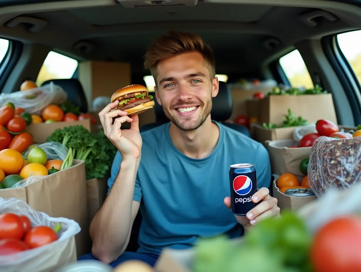 Front view of a car with a young man sitting in the driver's seat surrounded by an overwhelming amount of groceries and food products stacked and piled around him, filling almost all the available space in the car. The man looks very happy. In the very foreground, a European young man with blue eyes in a blue T-shirt. He holds a delicious burger in one hand and bites it with his teeth. In the other hand, he holds a can of cold Pepsi Zero:: . Around him, bags of fresh vegetables, fruits, canned goods and snacks cover the passenger seat, dashboard and back seat. The car's interior is brightly lit, highlighting the bright colors of the food packaging, creating a chaotic but playful scene with high detail, realistic photography style, 4k resolution.