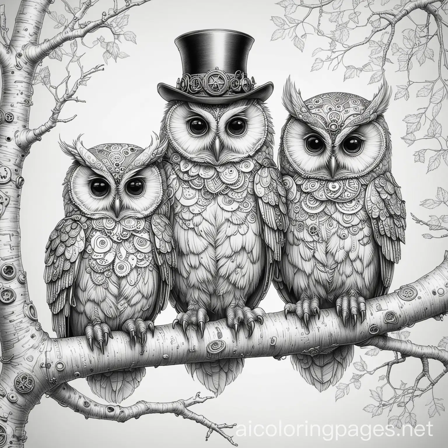 Steampunk-Owls-Coloring-Page-on-Tree-Limb