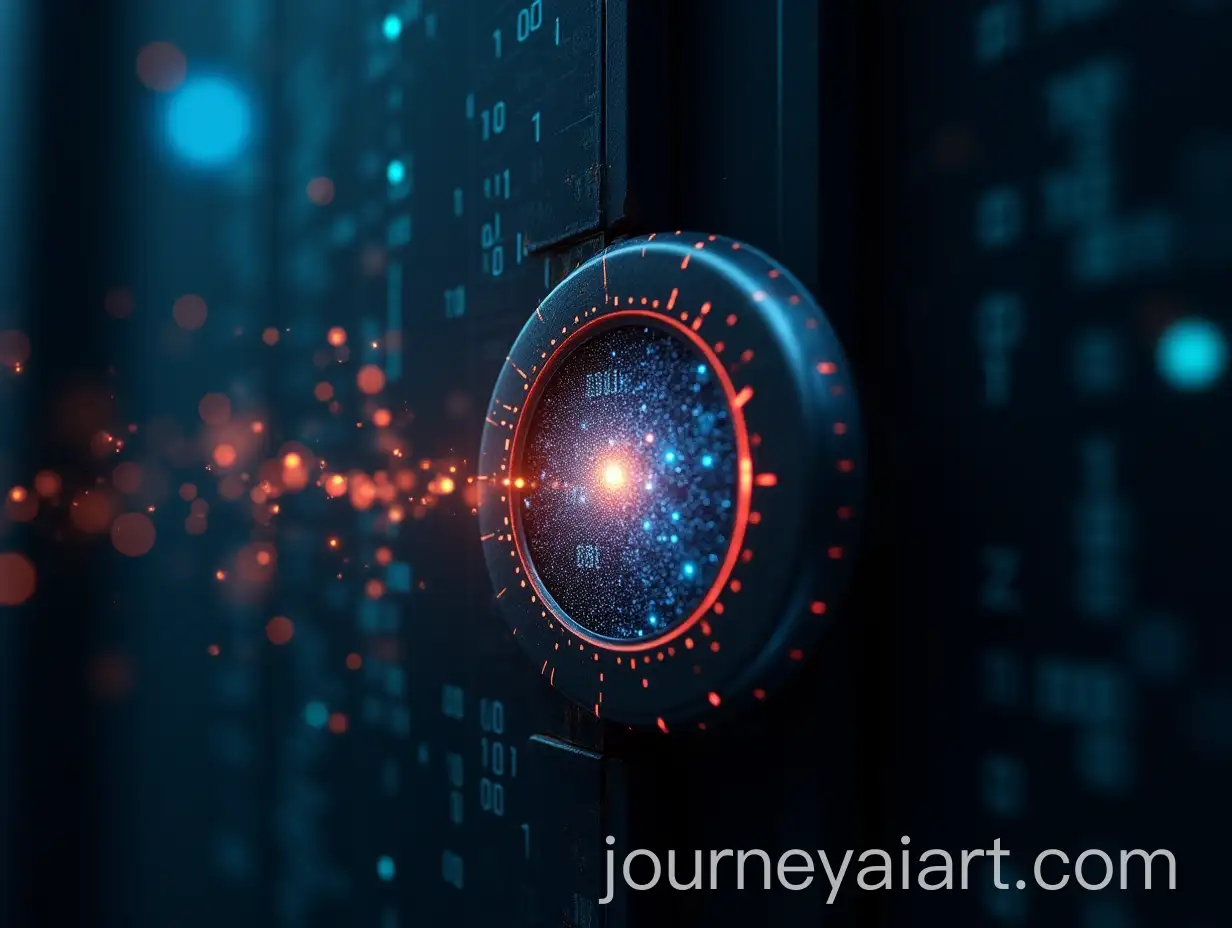 Macro-Shot-of-Glass-Door-Lock-with-Flickering-Galaxy-and-Futuristic-Binary-Code-Overlay