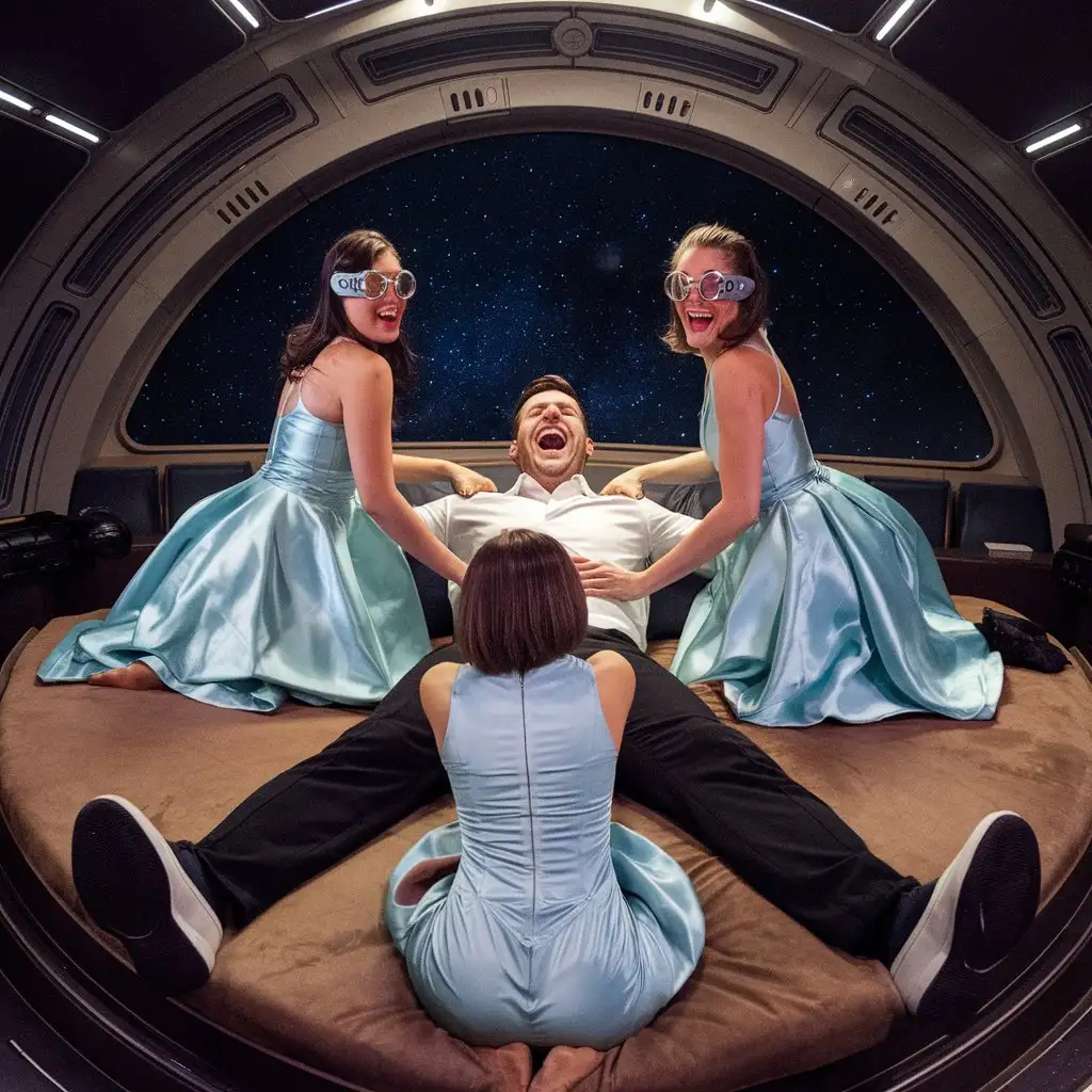 Luxury-Spaceship-Lounge-with-Laughing-Man-and-Women-in-Satin-Gowns