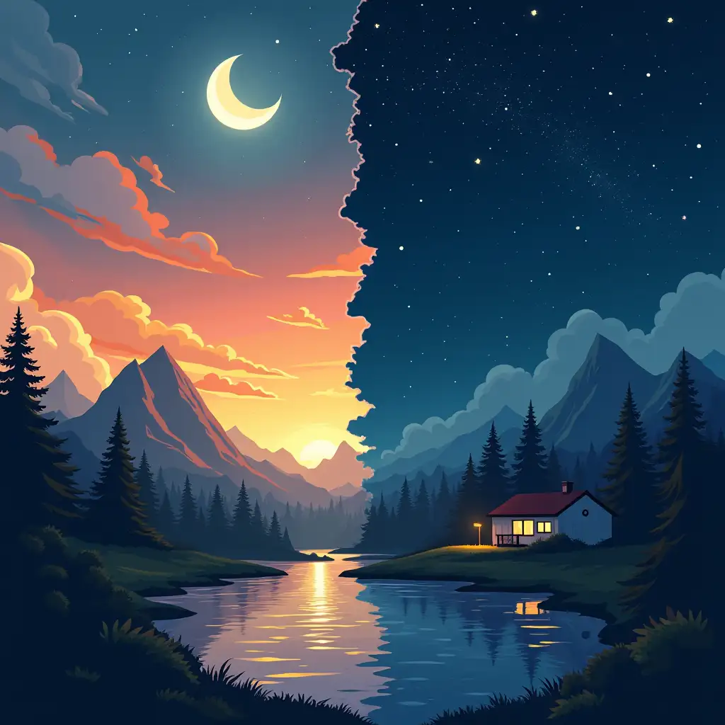 image day night with a diagonal cut in the style of illustration, on one side day, on the other the same image but in the style of night