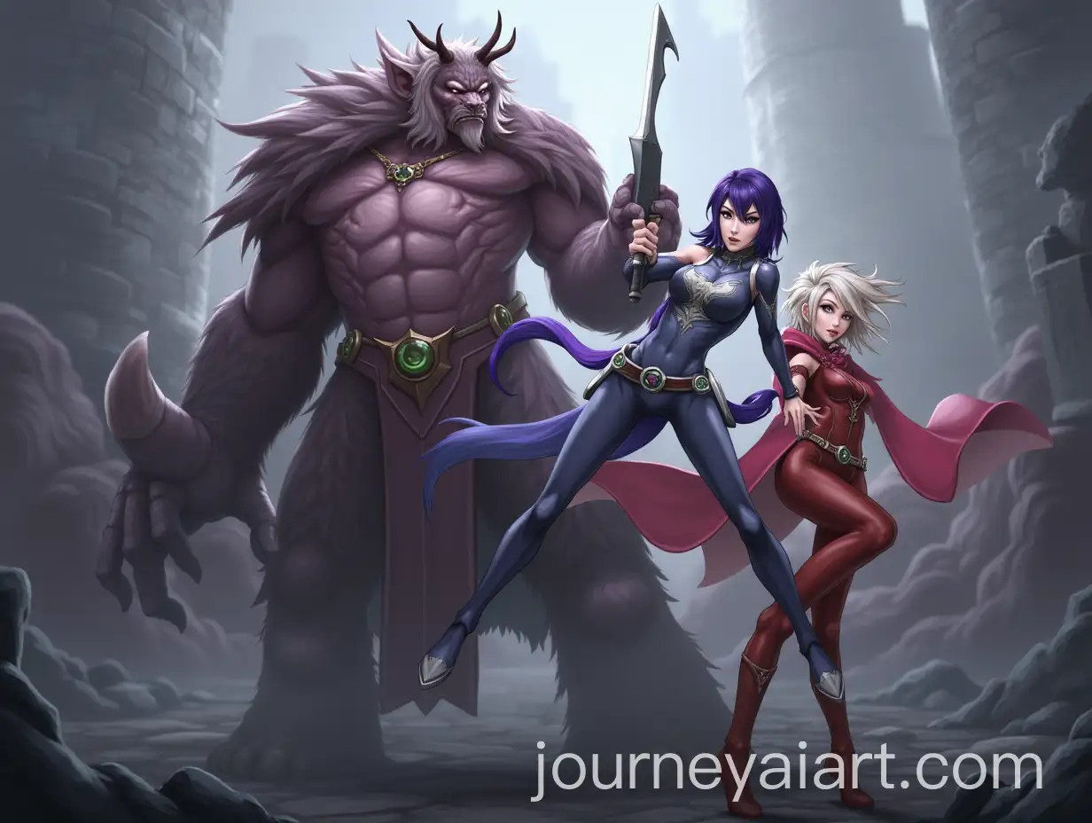 Riven-from-League-of-Legends-with-Fiora-and-Dr-Mundo-in-Epic-Battle-Pose