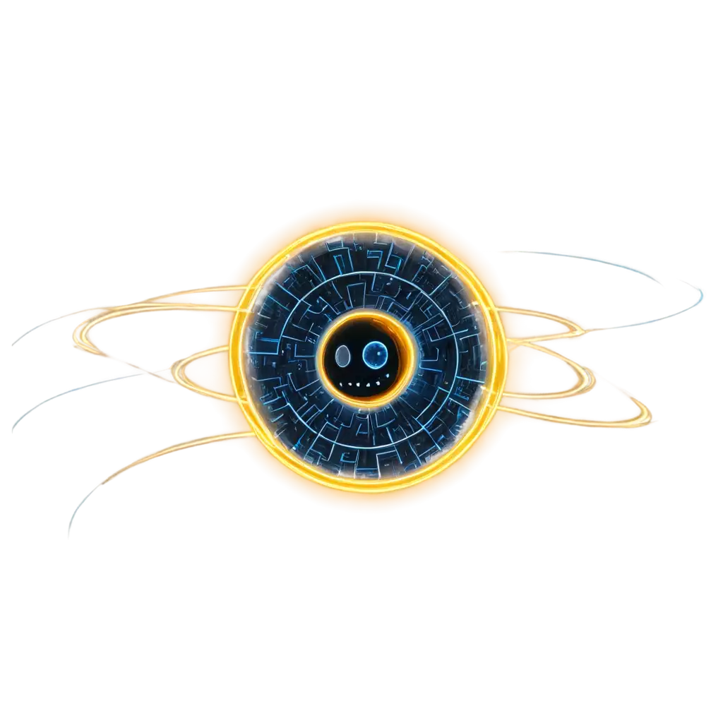 A futuristic neon Yin-Yang symbol glowing in electric blue and gold, suspended in a dark cosmic void. The symbol is composed of intricate digital circuitry and energy lines, creating a mesmerizing fusion of ancient philosophy and high-tech cyber aesthetics. The background features a deep space atmosphere, enhancing the spiritual yet futuristic vibe.