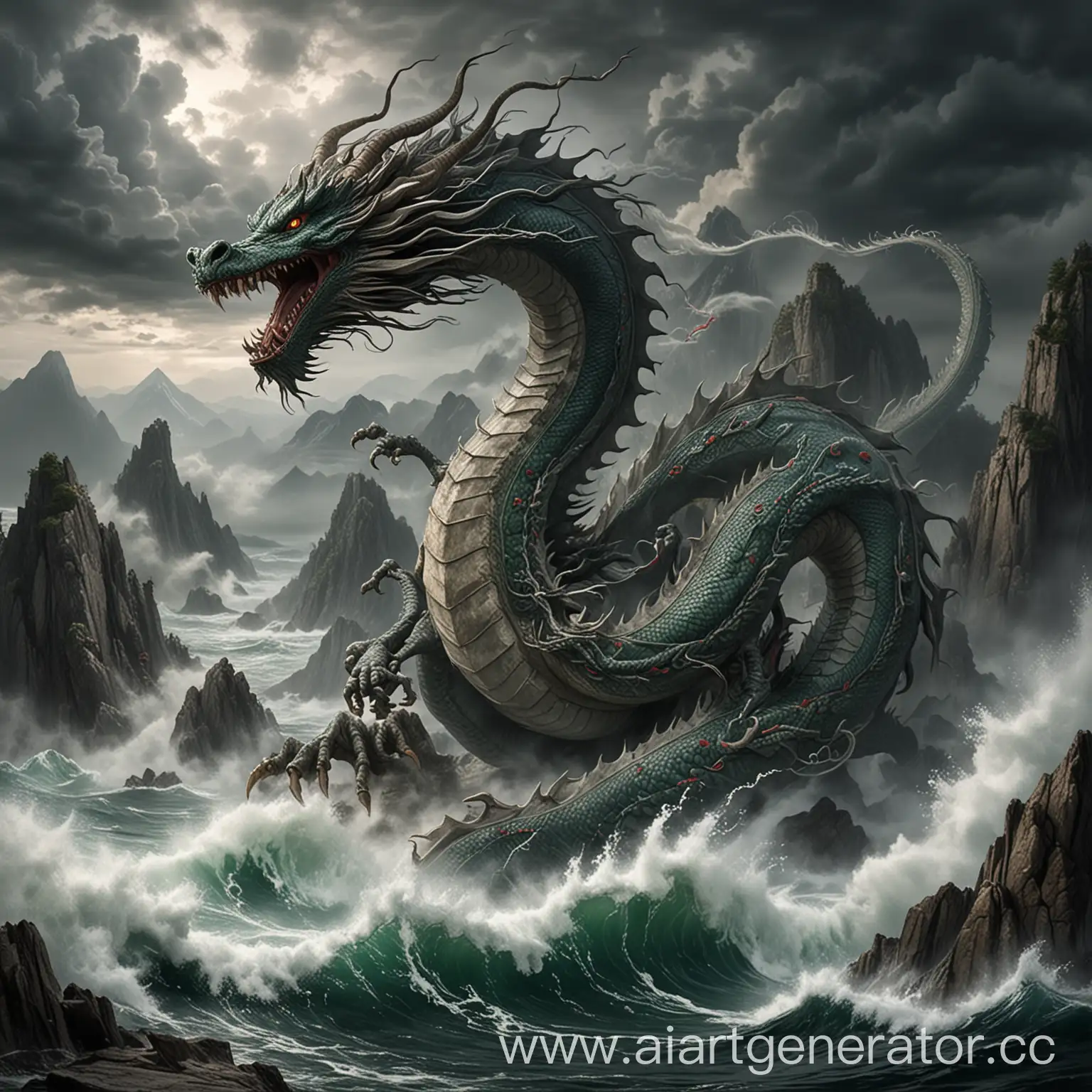 Fierce-Japanese-Dragon-Coiling-Around-Mountain-in-Stormy-Sea