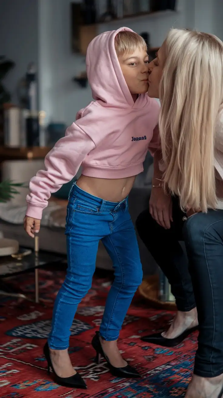 little young german boy wear pink crop hoodie and a blue skinny jeans and black pointed toe high heels and smiling and kiss mom
