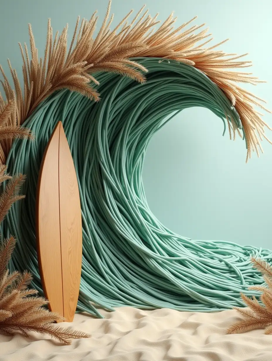 Big wave, styled, made of reed and cane fibers, with a natural mix of green and brown earthy tones. The texture of the fibers is visible but softened, with fluid lines and an artistic approach that gives it a modern and polished look. The wave has a slightly exaggerated design, with an elegant and contemporary aesthetic that maintains the essence of organic materials. A surfboard is placed next to the wave, all designed for a beach photo booth in augmented reality. The style should be artistic and clean, with 3D details, ideal for a vertical screen.