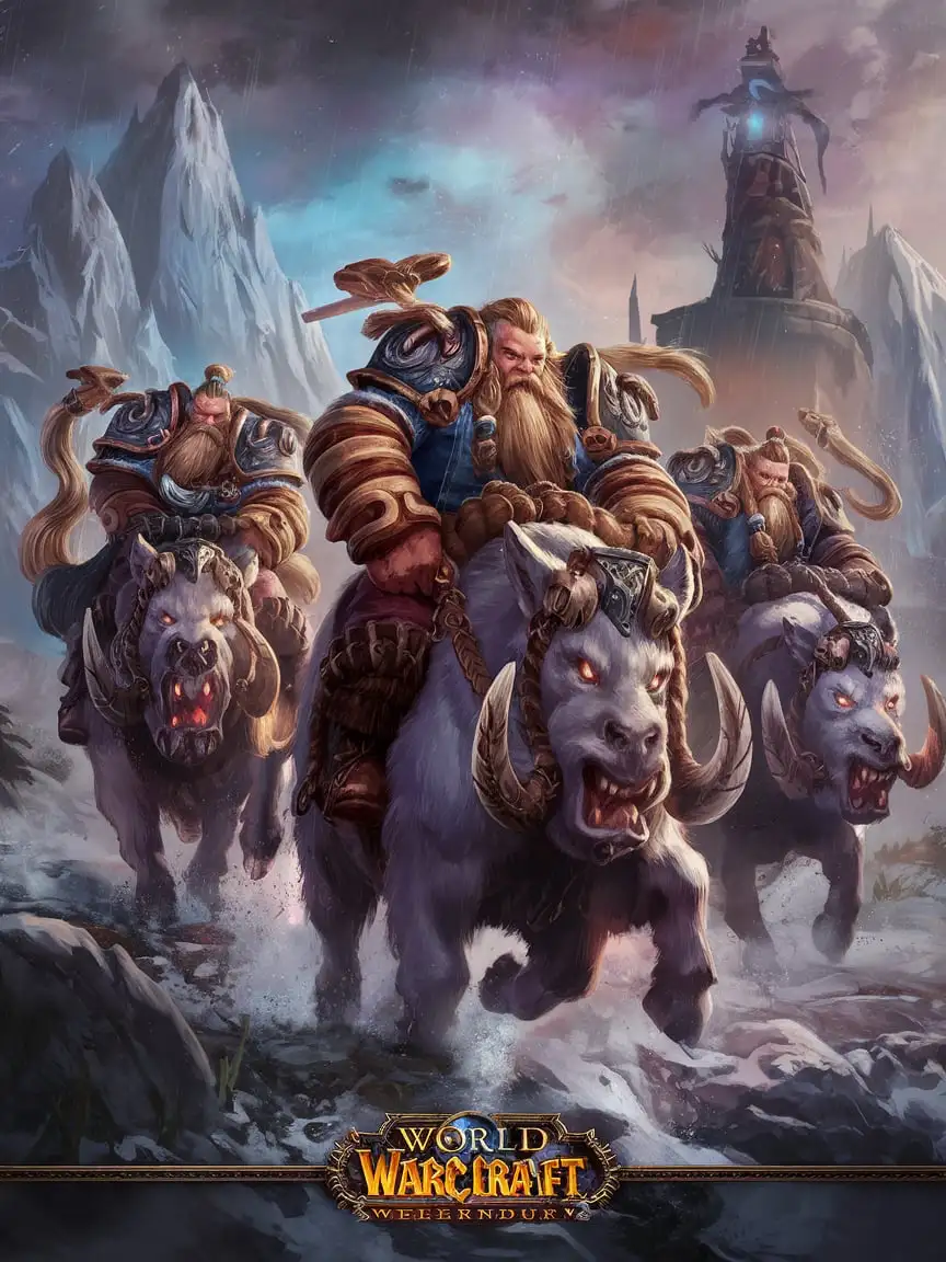 Elite Dwarf Outriders Charging Through a Blizzard in a Mystical Mountain Landscape