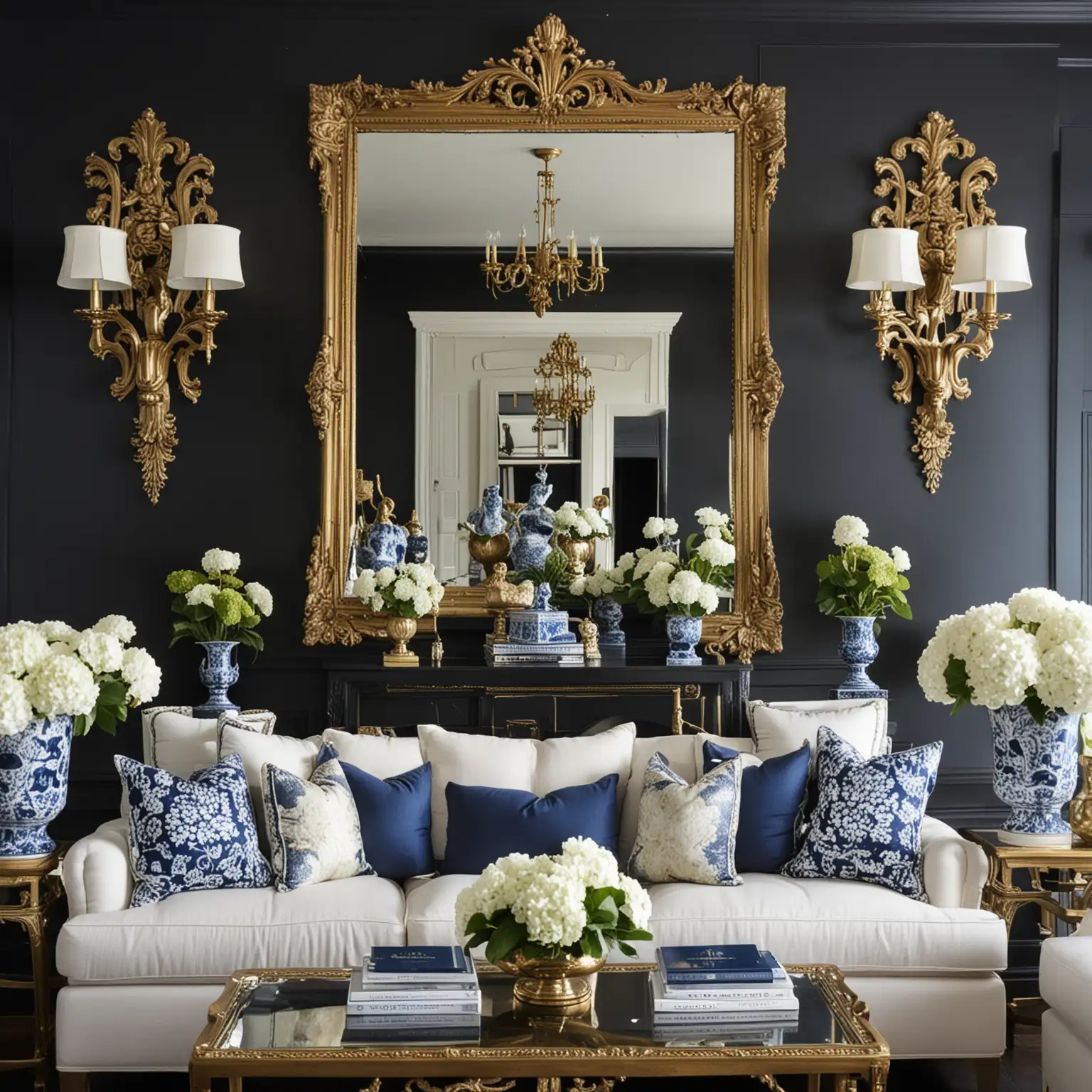 Luxurious Living Room with Black Walls and Chinoiserie Accents